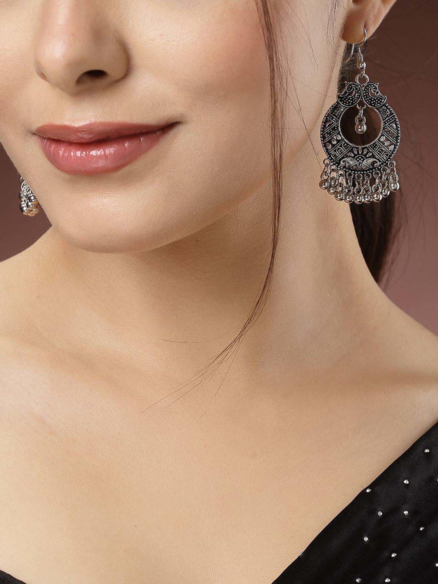 NVR Silver-Plated German Silver Oxidized Chand Bali Earrings for Women