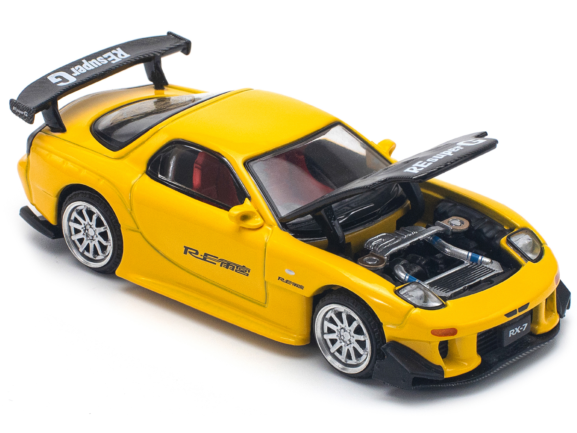 Mazda RX7 (FD) "RE Amemiya" Widebody RHD (Right Hand Drive) Yellow with Carbon Hood 1/64 Diecast Model Car by Pop Race