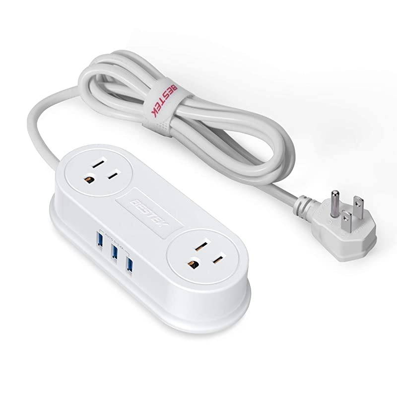Travel USB Power Strip  3 USB Ports 2 Outlets Thin Portable Desktop Charger Station with Switch Control Adhesive Sticker5 Ft Extension Cord UltraCompact for Cruise Ships Bedside Office