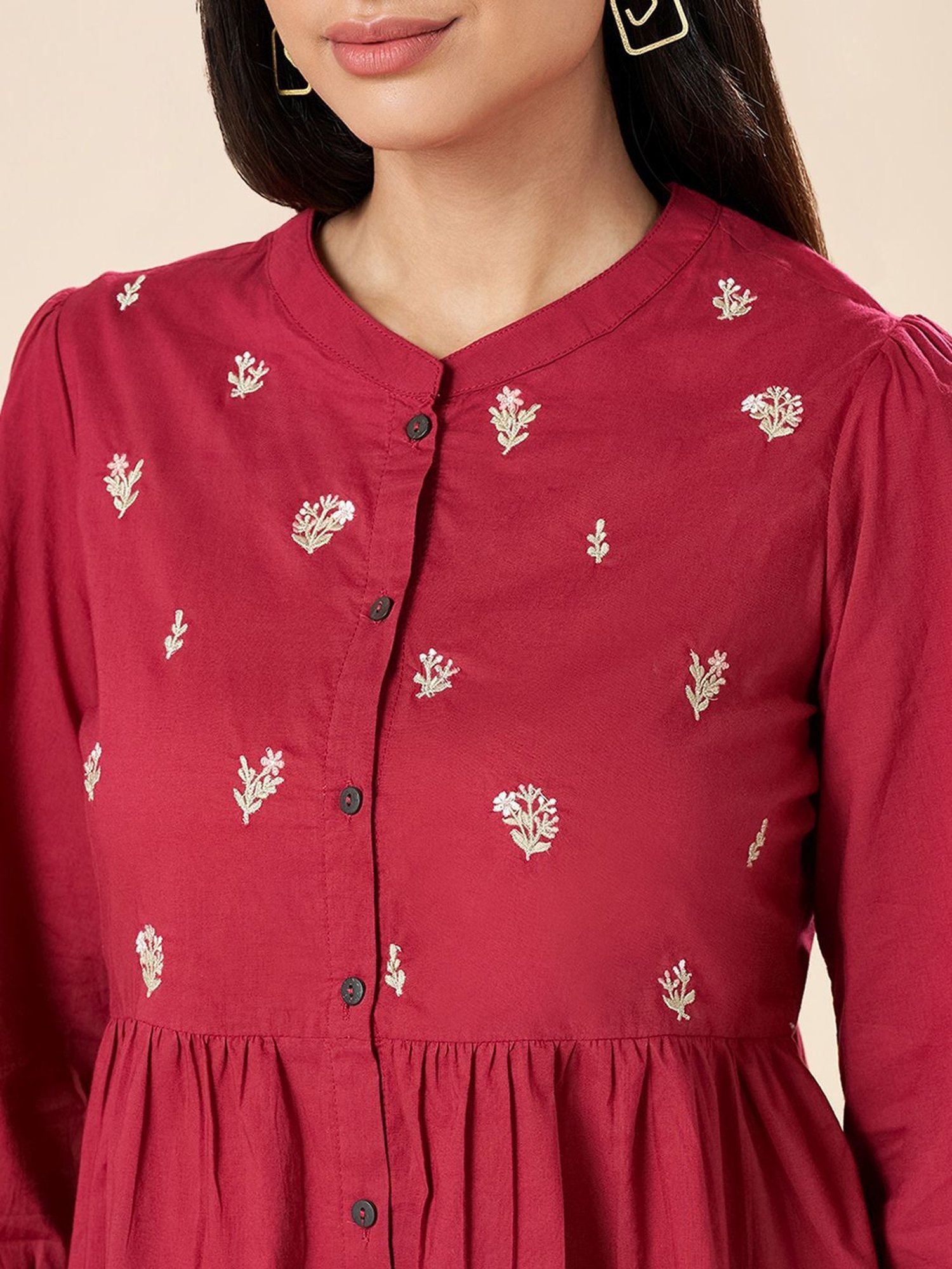 Akkriti by Pantaloons Maroon Cotton Embroidered Tunic