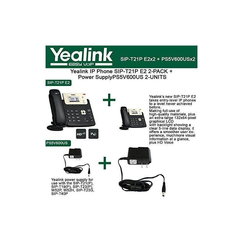 IP Phone SIPT21P E2 2PACK Up to 2 SIP accounts Twoport 10100M Ethernet Switch HD Voice + 2UNITS Power Supply PS5V600US Output 5V600mA