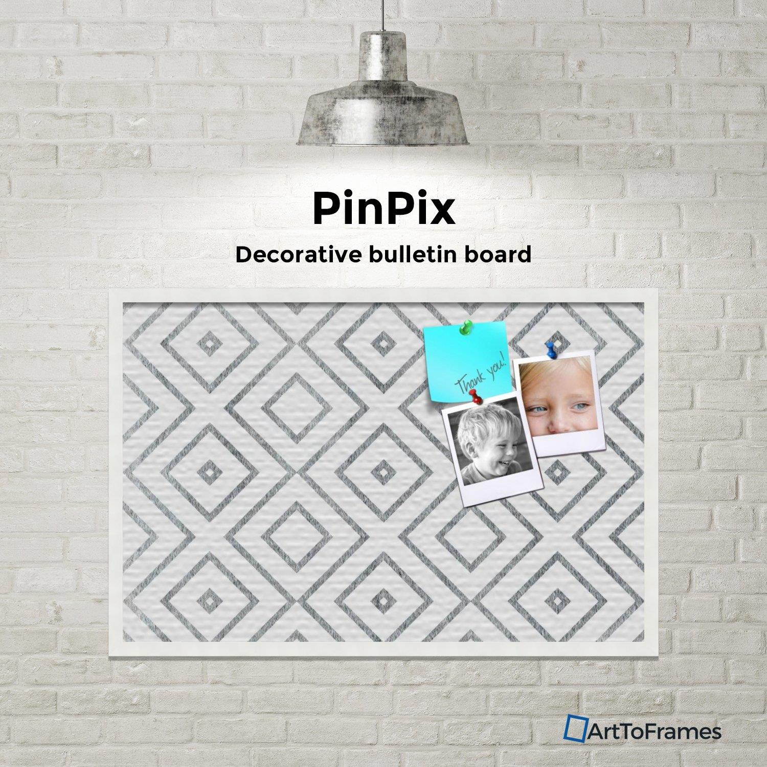 PinPix custom printed pin cork bulletin board made from canvas, Modern Deco Distressed 36x24 Inches (Completed Size) and framed in Satin White Frame (PinPix-Group-55)