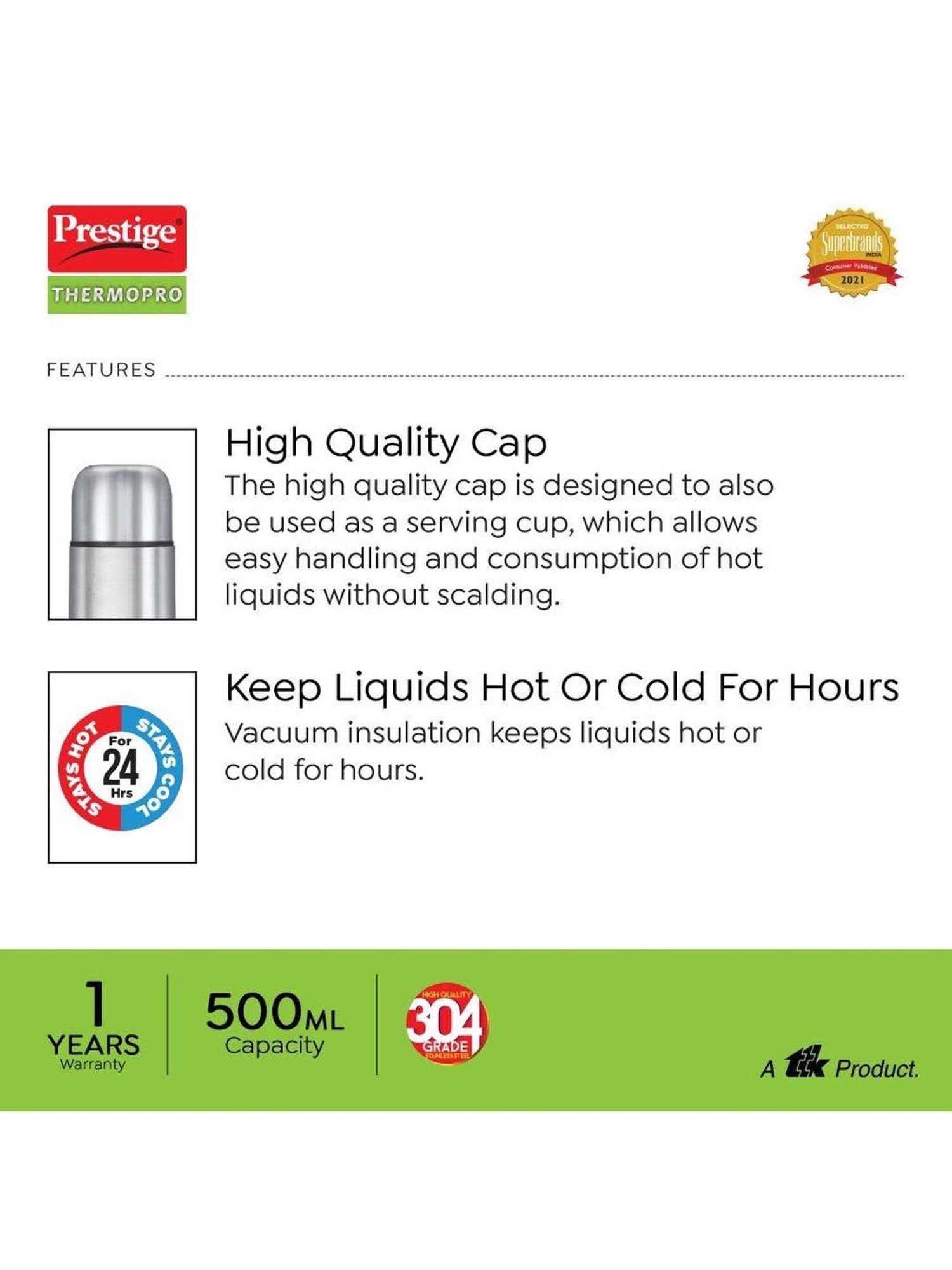 Prestige Silver Stainless Steel 9.5 cm Thermopro Flask&iquest; (0.5 L) - Set of 1