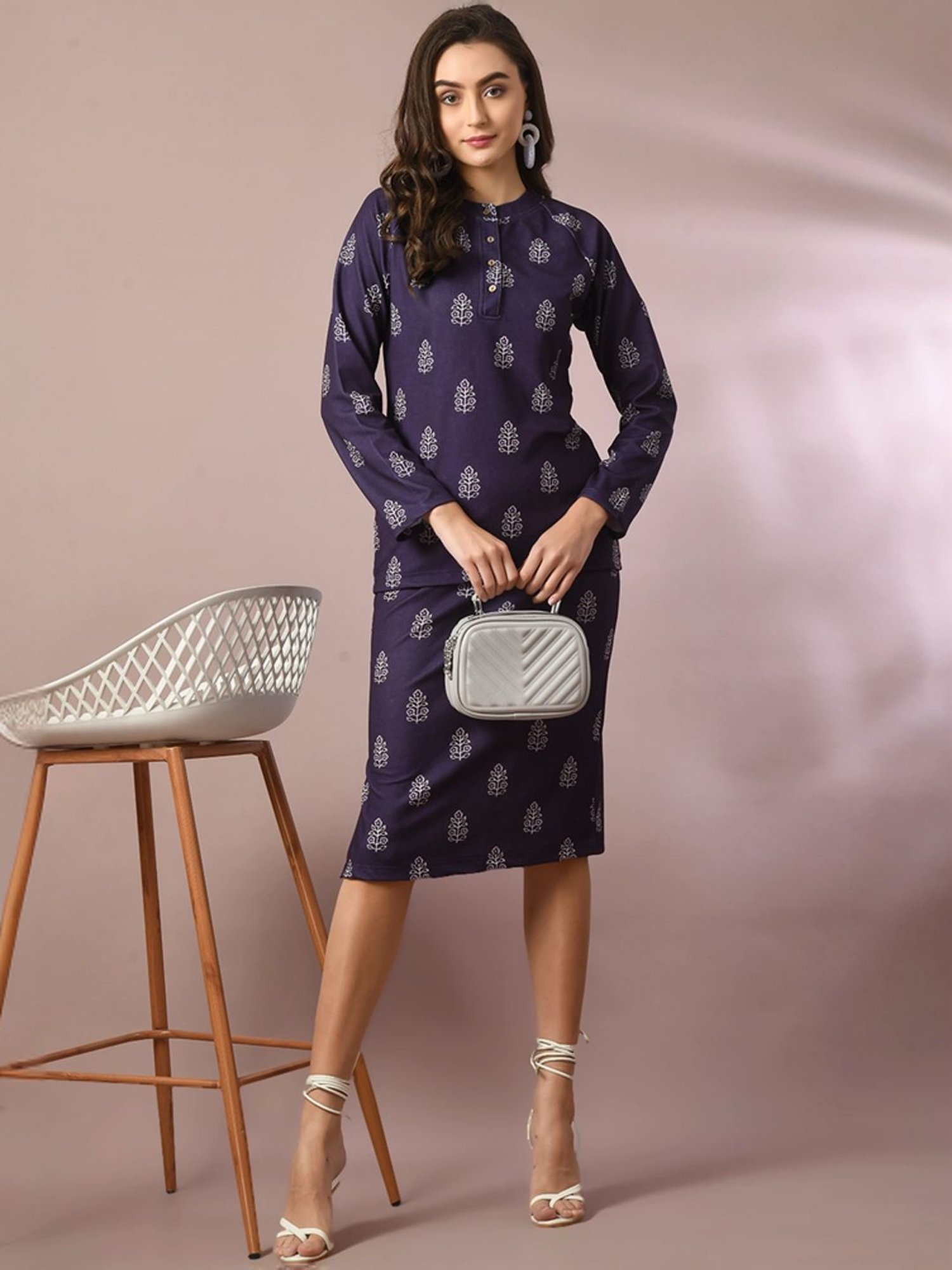 Myshka Navy Printed Top Skirt Set