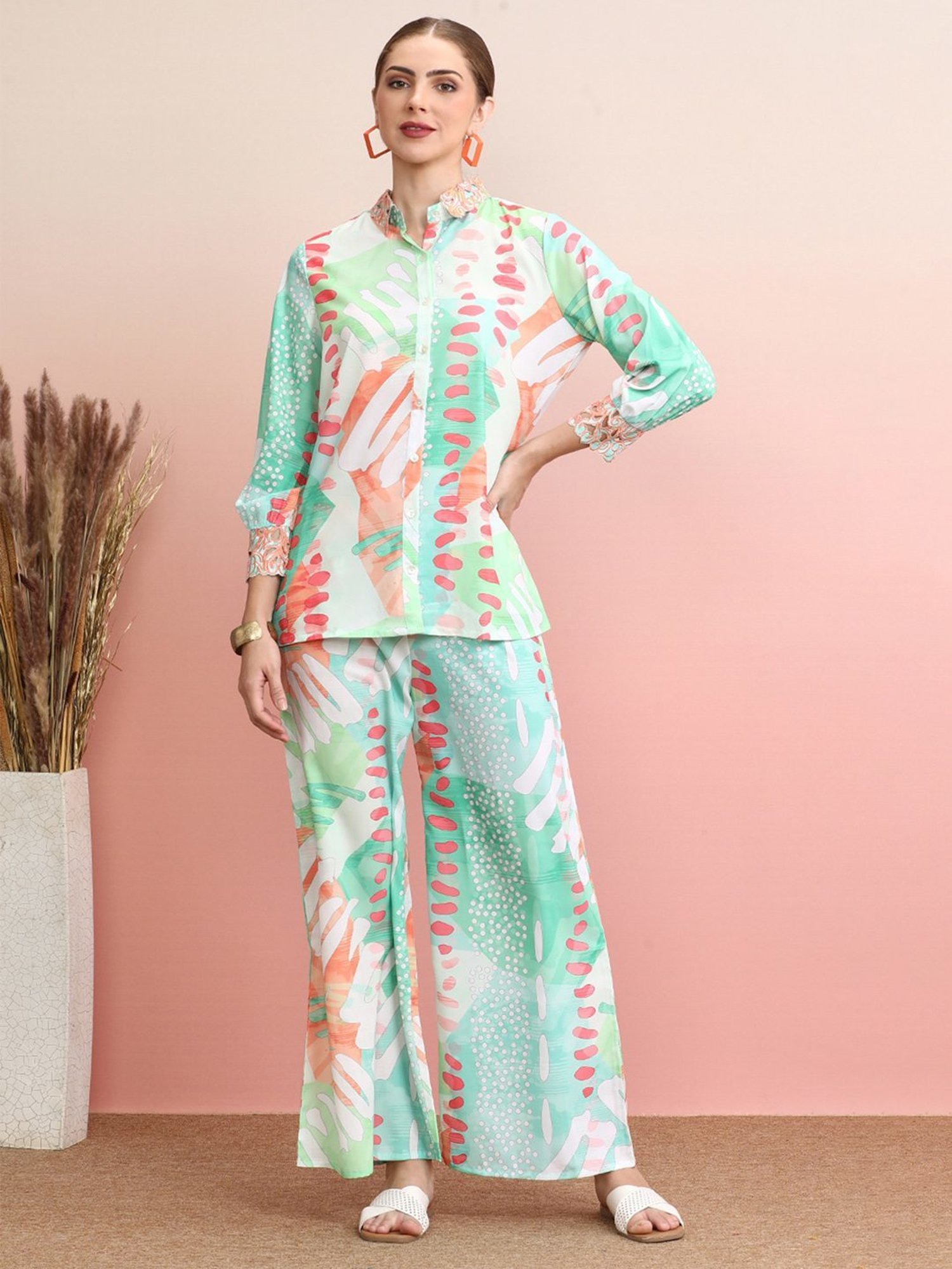 Indo Era Green Printed Shirt Palazzo Set