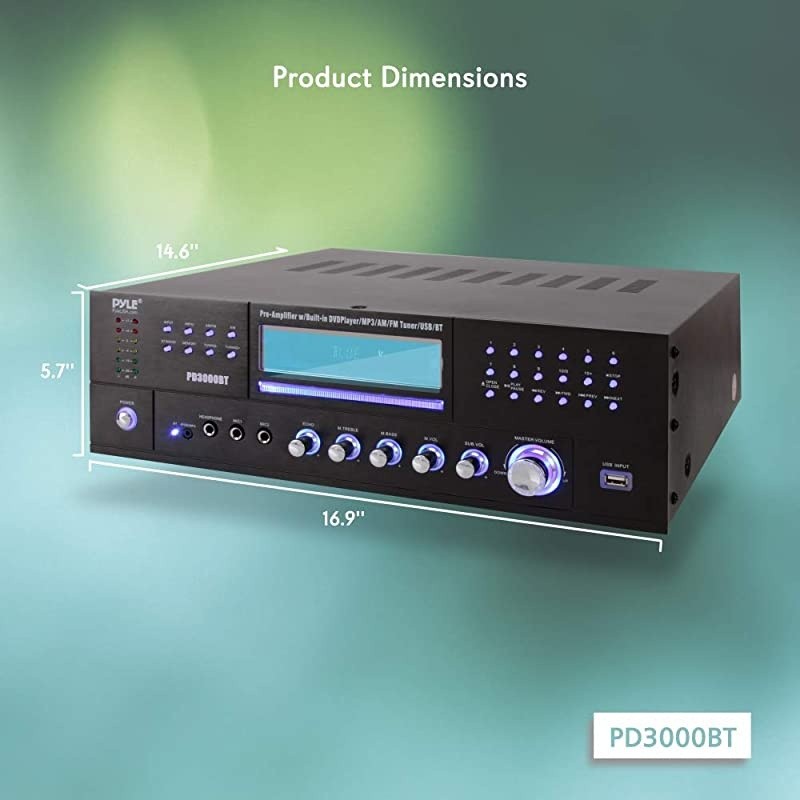 4-Channel Home Theater Bluetooth Preamplifier - 3000 Watt Stereo Speaker Home Audio Receiver Preamp w/ Radio, USB, 2 Microphone w/ Echo for Karaoke, CD DVD Player, LCD, Rack Mount -  PD3000BT