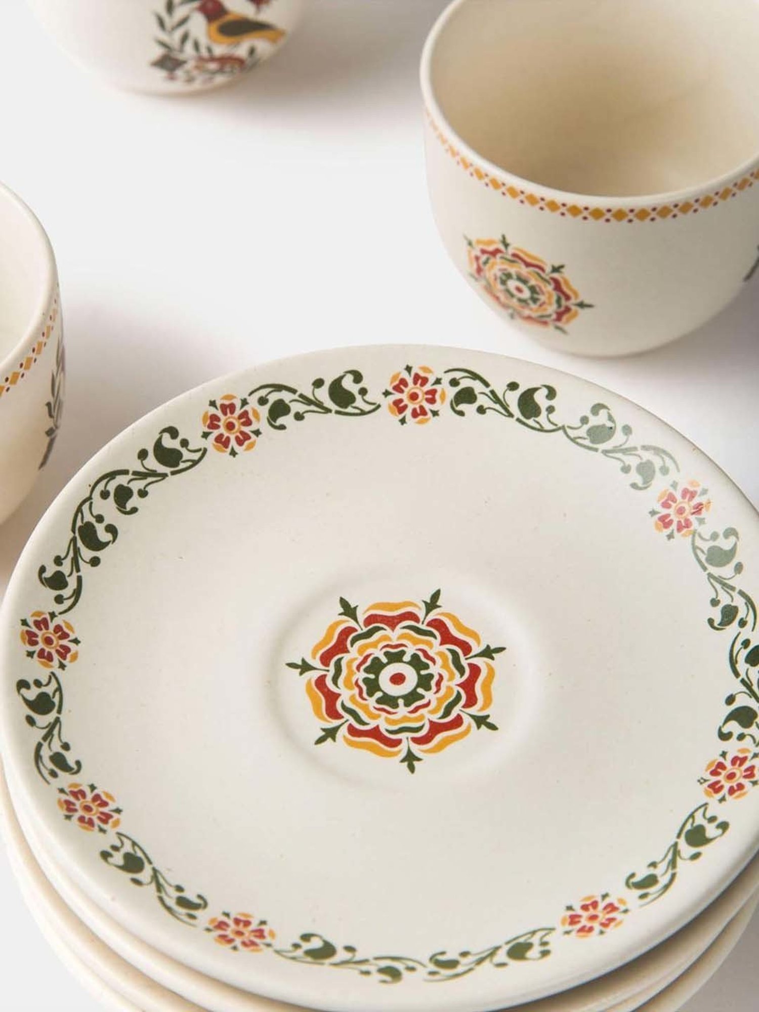 Fabindia Home Pushp Multicolor Ceramic Casted Cup & Saucer (180ml) - Set of 8