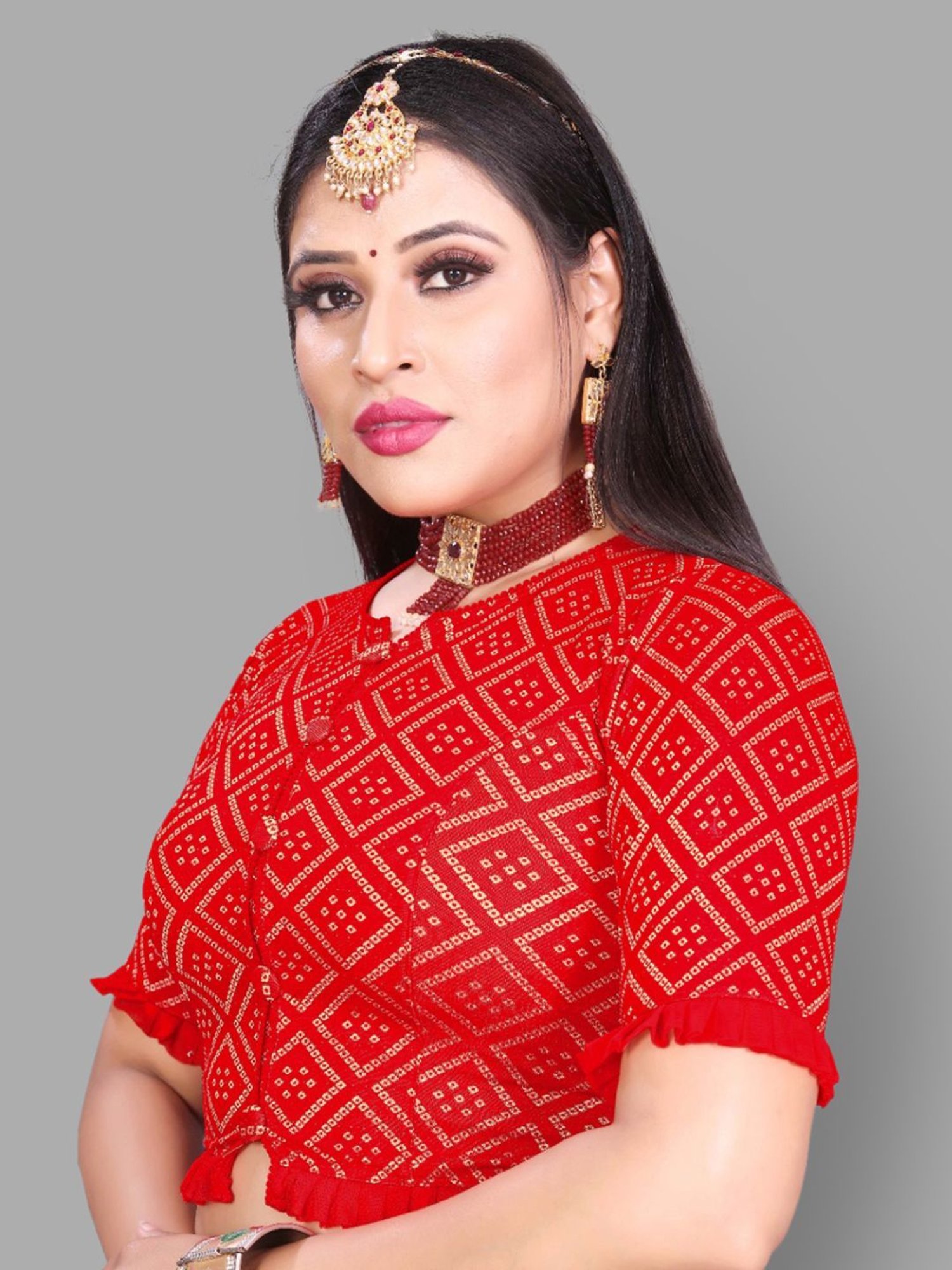 Satrani Red Printed Readymade Blouse