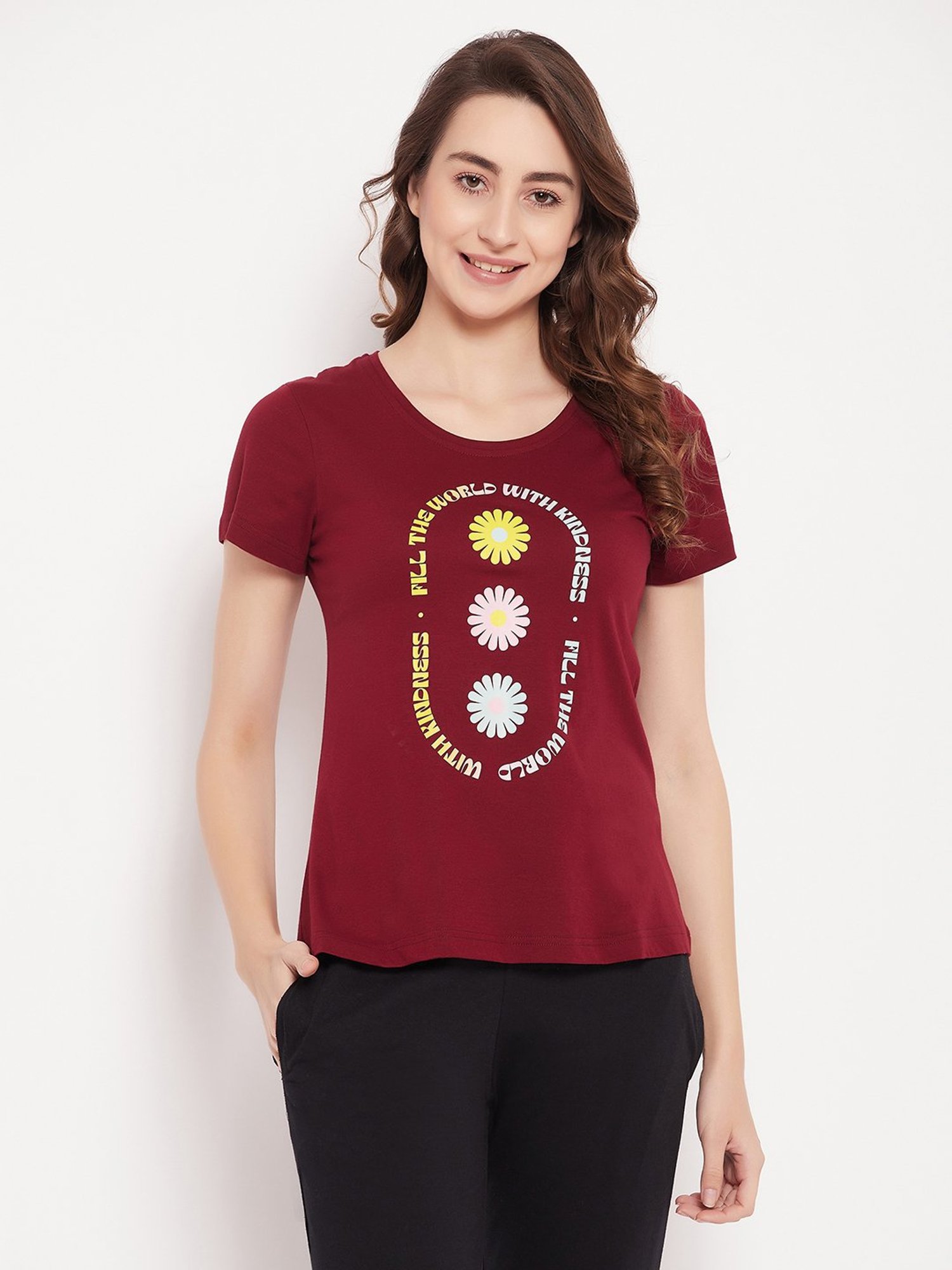 Clovia Maroon Printed T-Shirt