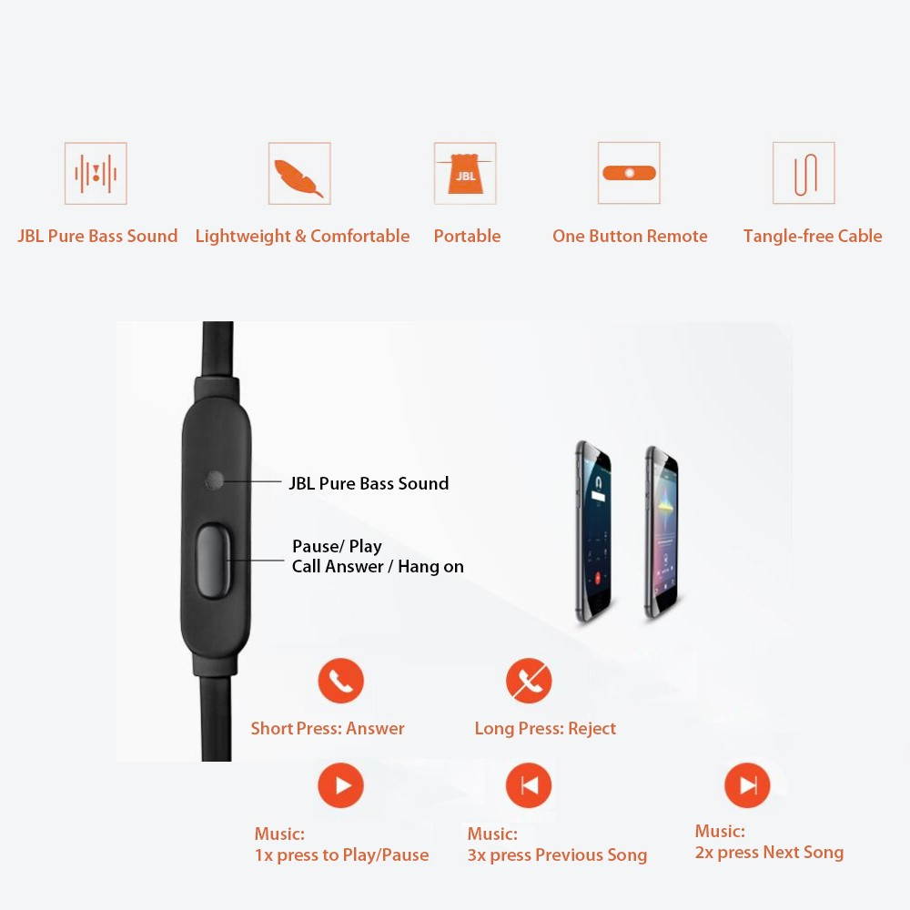 JBL T290 In-ear Headphones JBL Pure Bass Sound Earphones One Button Control 3.5mm Jack Wired Earpieces Portable Headset with Microphone For Mobile Phone Tablet