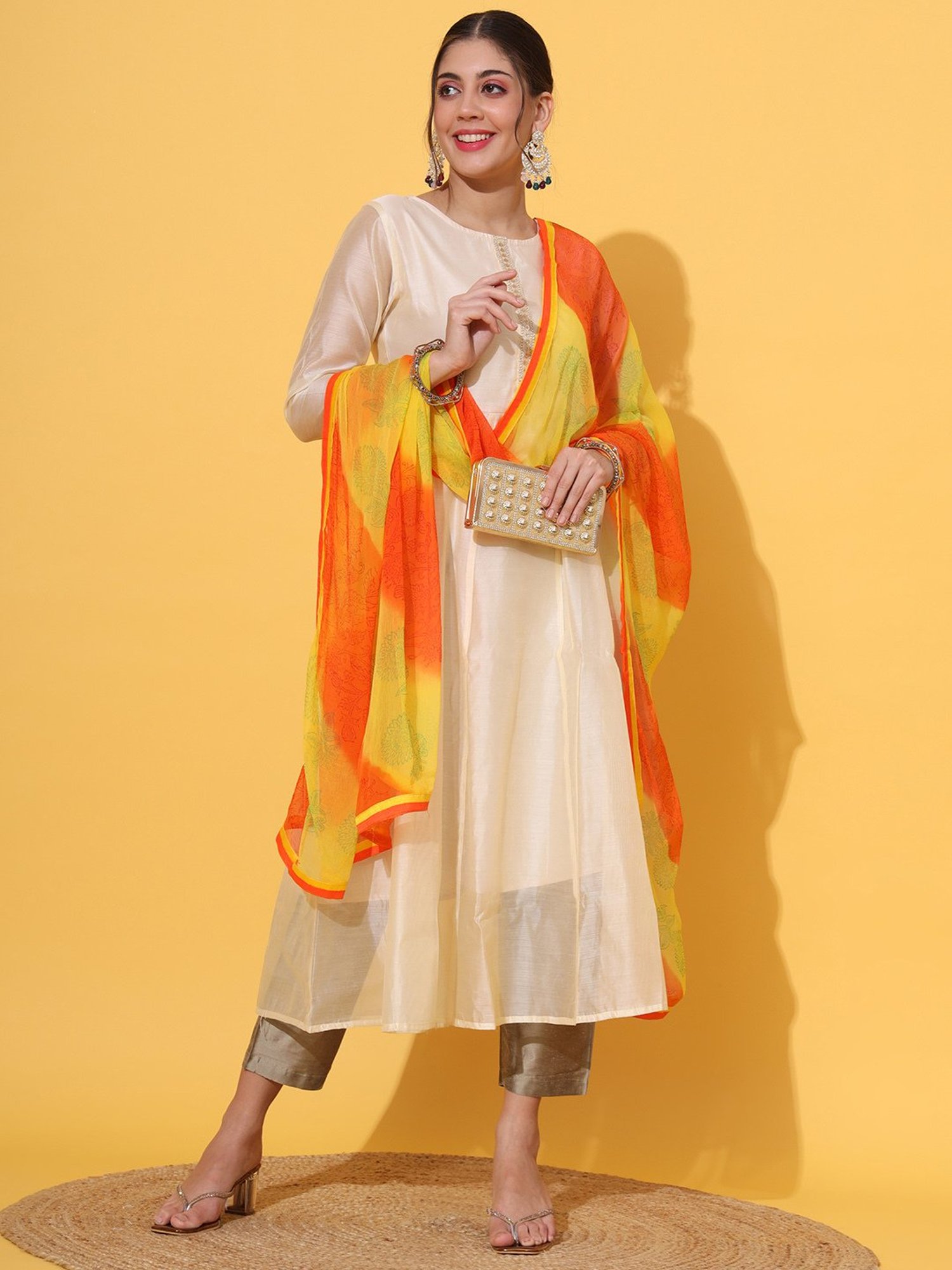 DECKEDUP Orange & Yellow Printed Dupatta