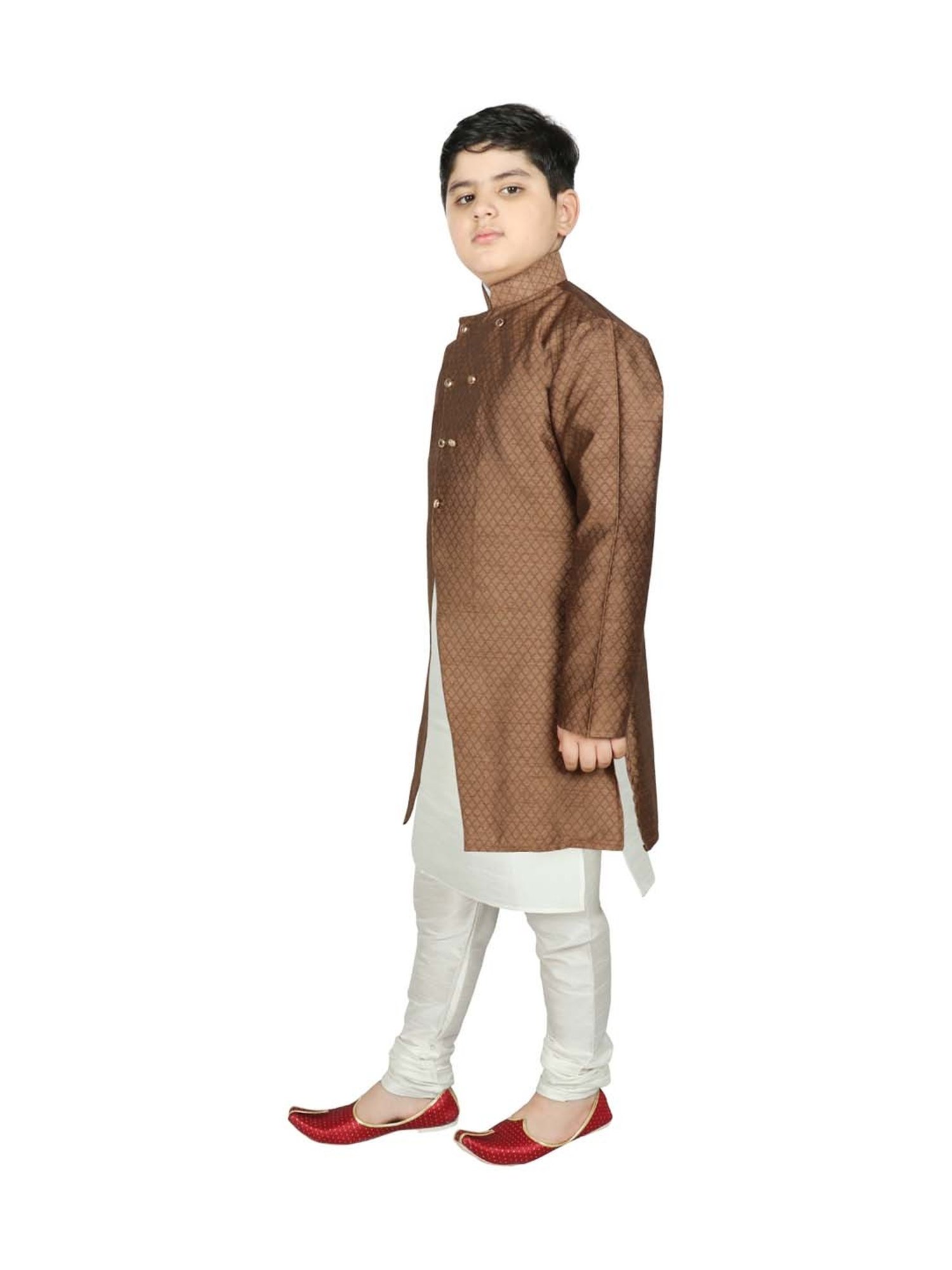 SG Yuvraj Kids Brown & White Textured Pattern Full Sleeves Kurta Set