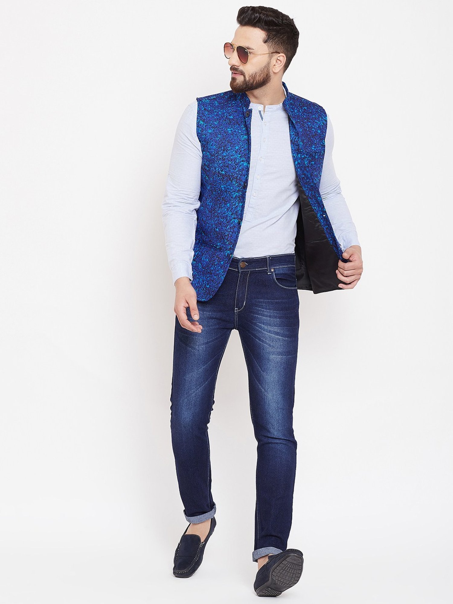 Even Blue Regular Fit Printed Nehru Jacket