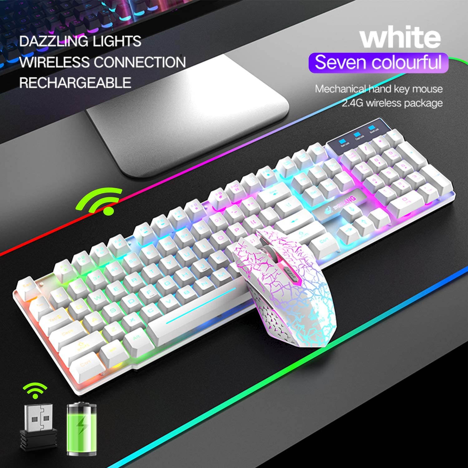 Rainbow backlit wireless keyboard and mouse set, rechargeable 4000mAh battery, mechanical ergonomic touch, waterproof and silent mouse, suitable for laptop, PC, home office