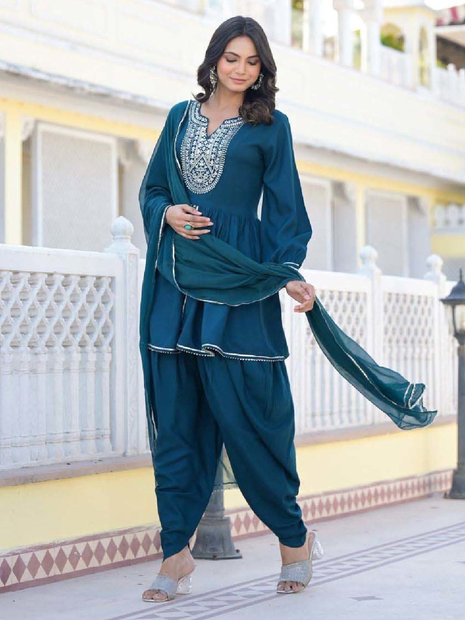 Stylum Blue Embroidered Kurti Dhoti Pant Set With Dupatta
