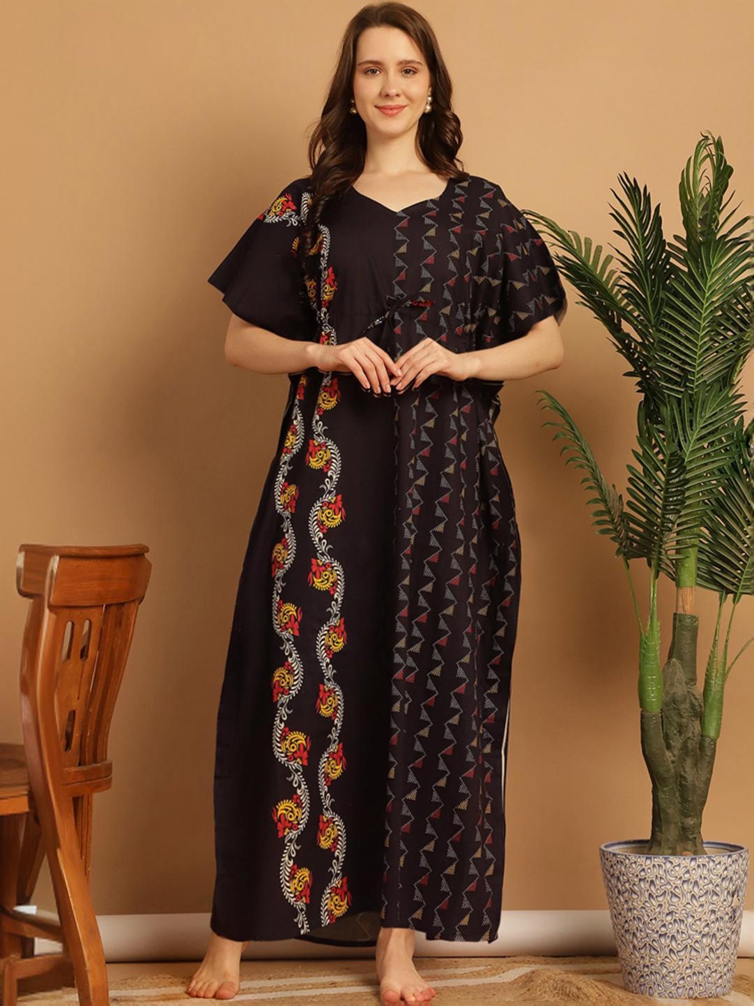 Secret Wish Black Cotton Printed Kaftan