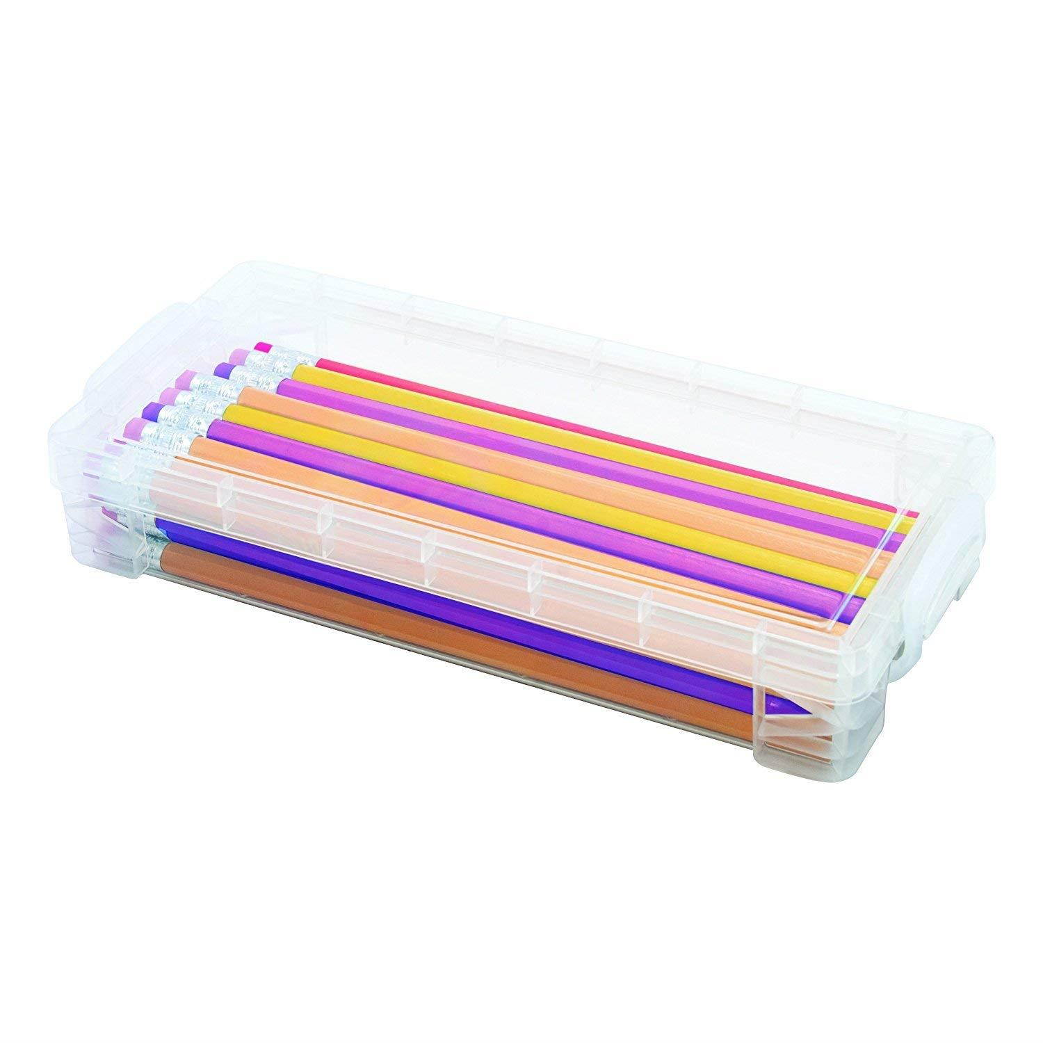 1InTheoffice Pencil Box, Stackable Translucent Clear 8.25 x 1.5 x 4 Inches, (4 Pack)