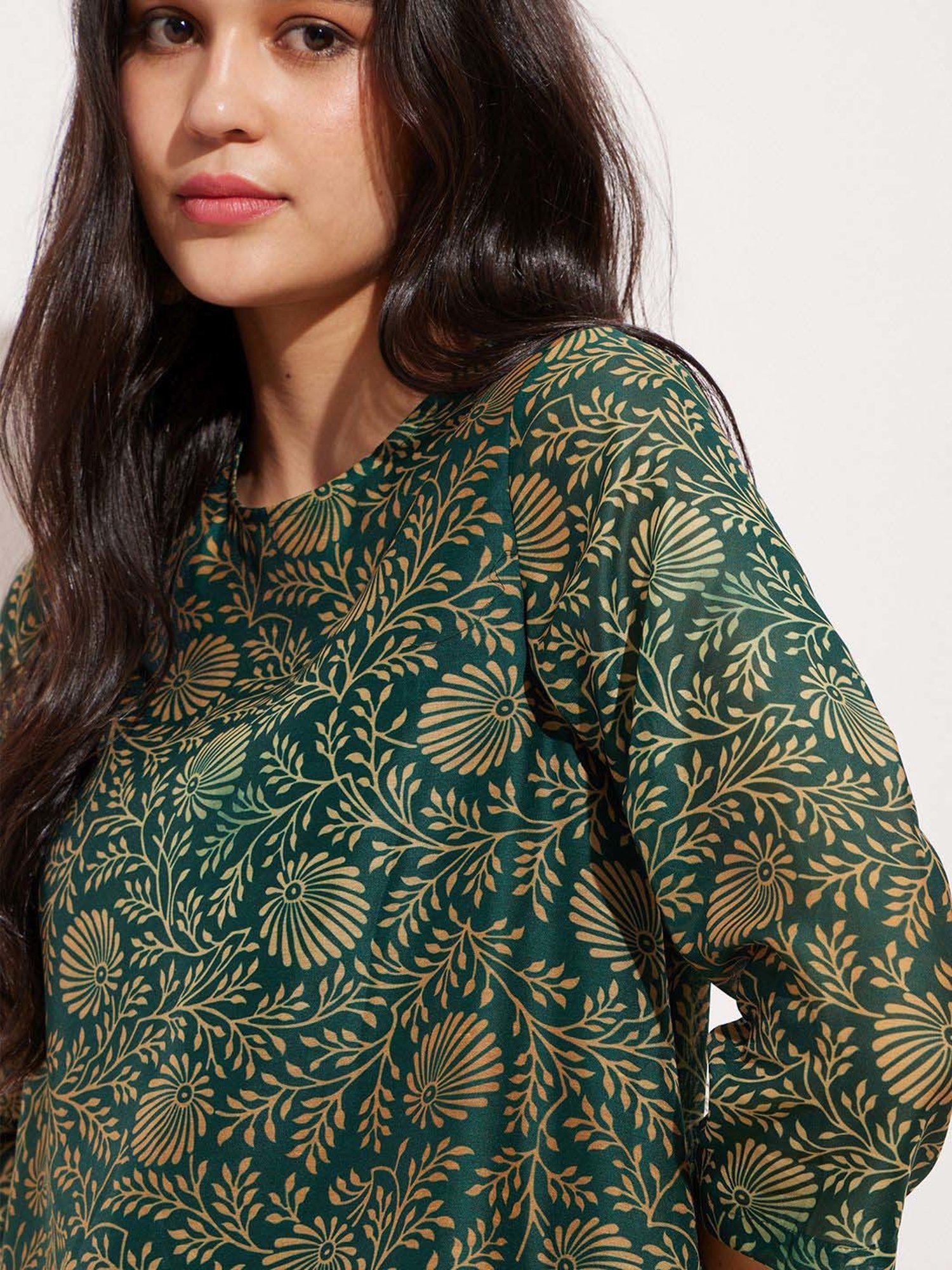 Pink Fort Green Printed A Line Kurta