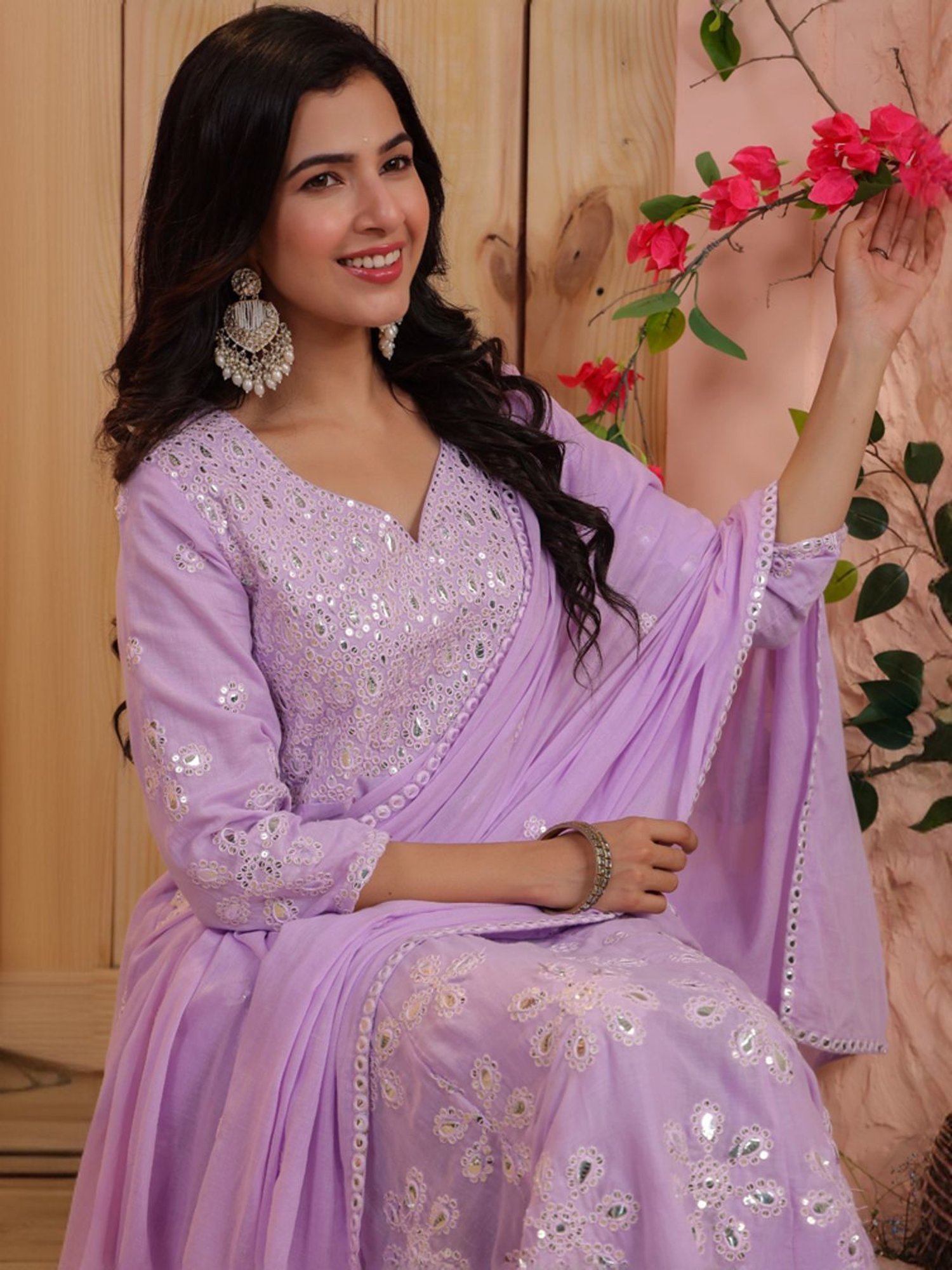SCAKHI Purple Cotton Embroidered Kurta Pant Set With Dupatta