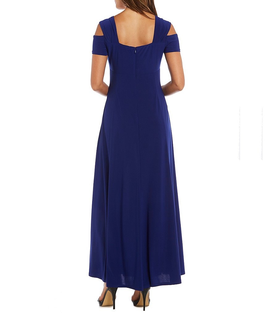 R & M Richards Rhinestone-Trim Cold-Shoulder Matte Jersey Gown