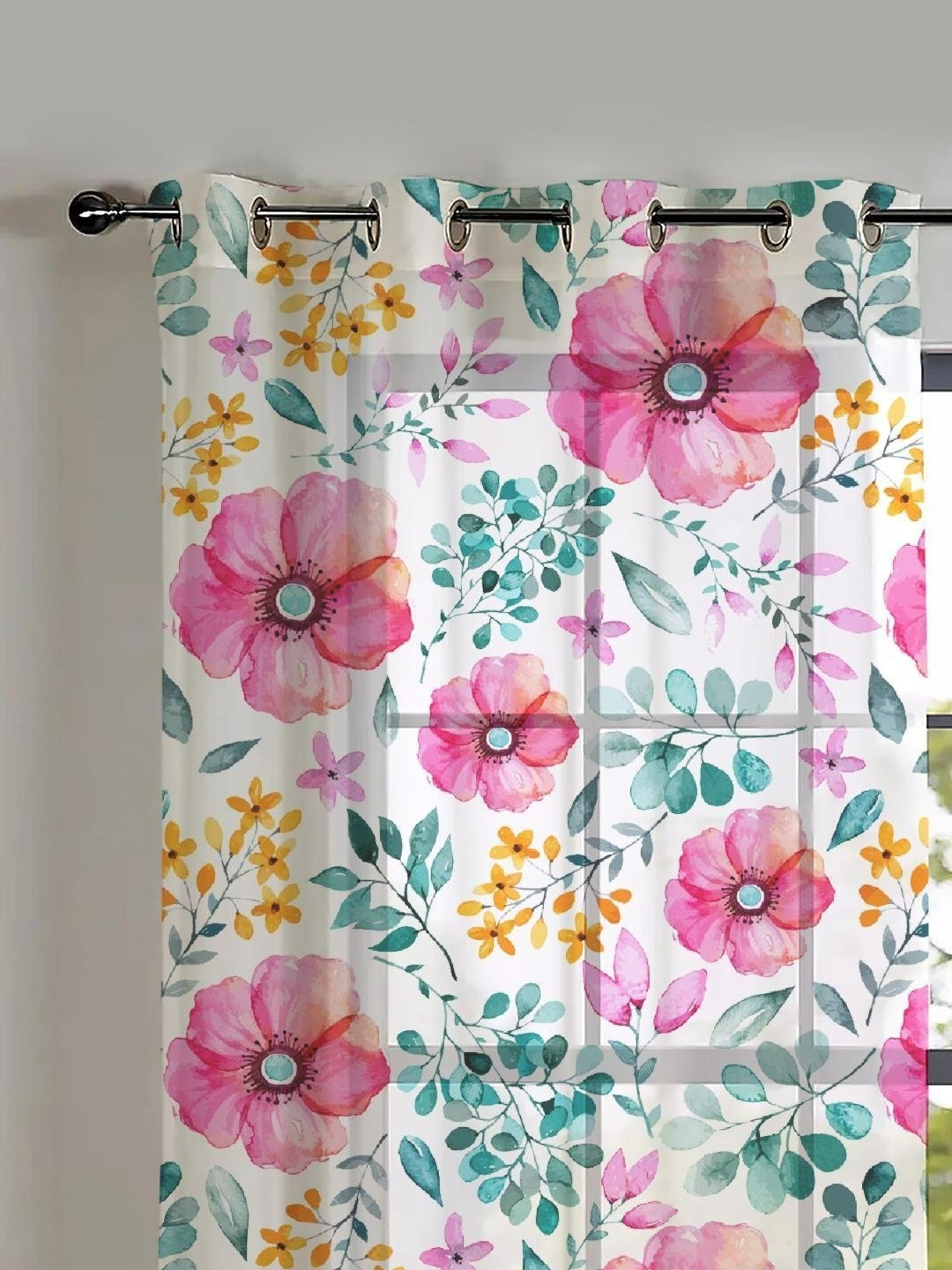 SPACES DRAPE STORY Elegent Floral Pink Polyester 5 ft Window Curtains - Set of 2