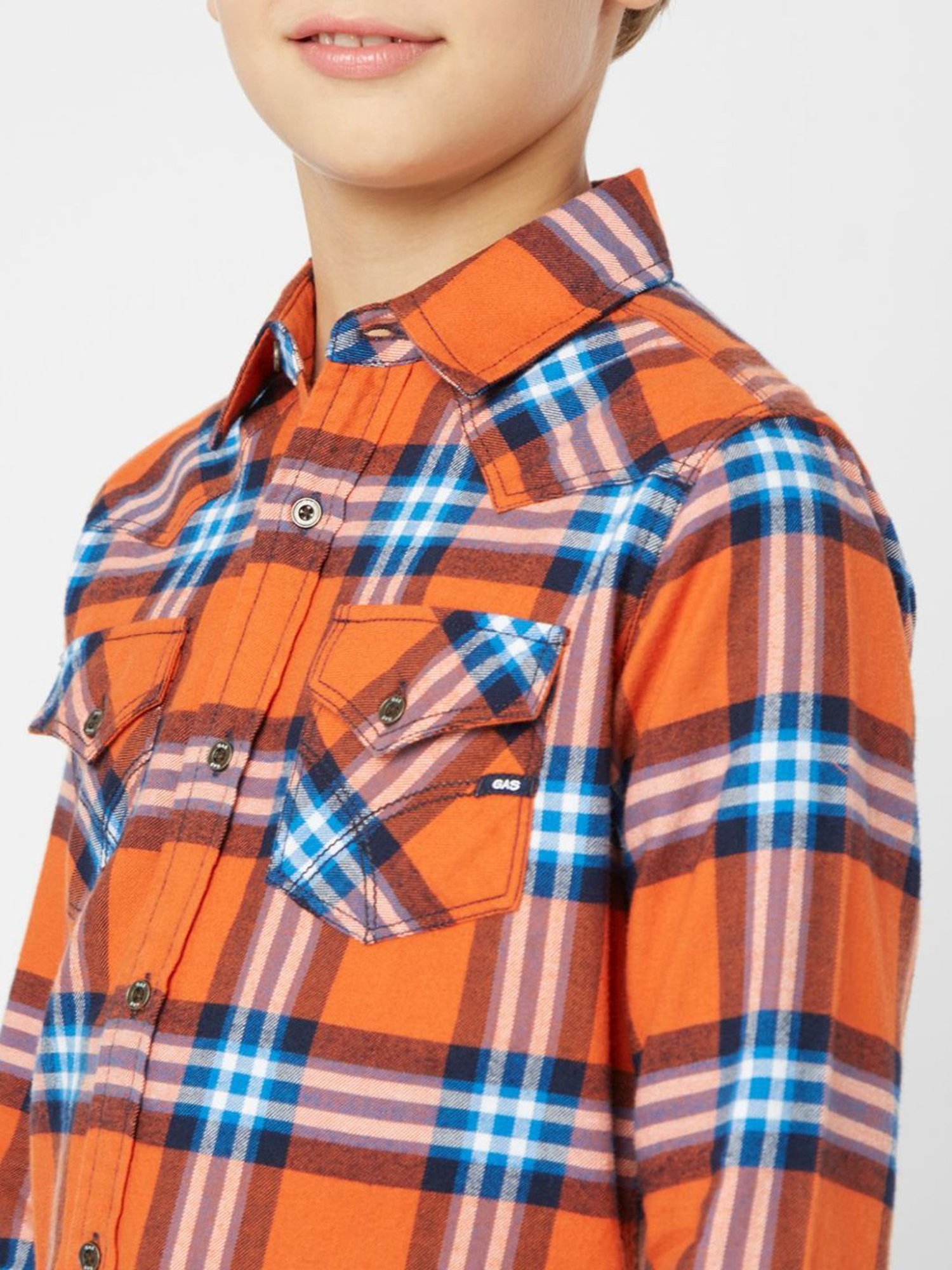 GAS Kids Orange & Blue Cotton Chequered Full Sleeves Shirt