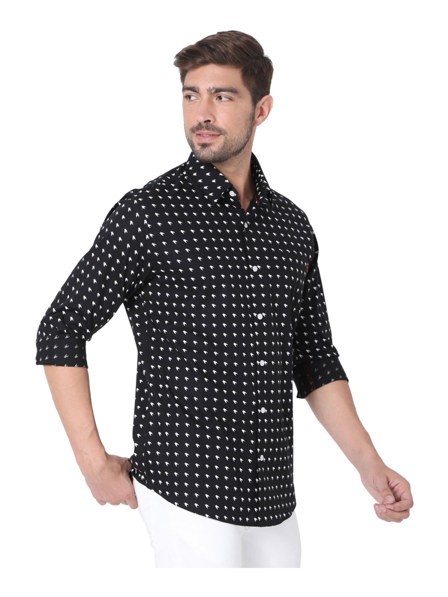 Mufti Black Cotton Slim Fit Printed Shirt
