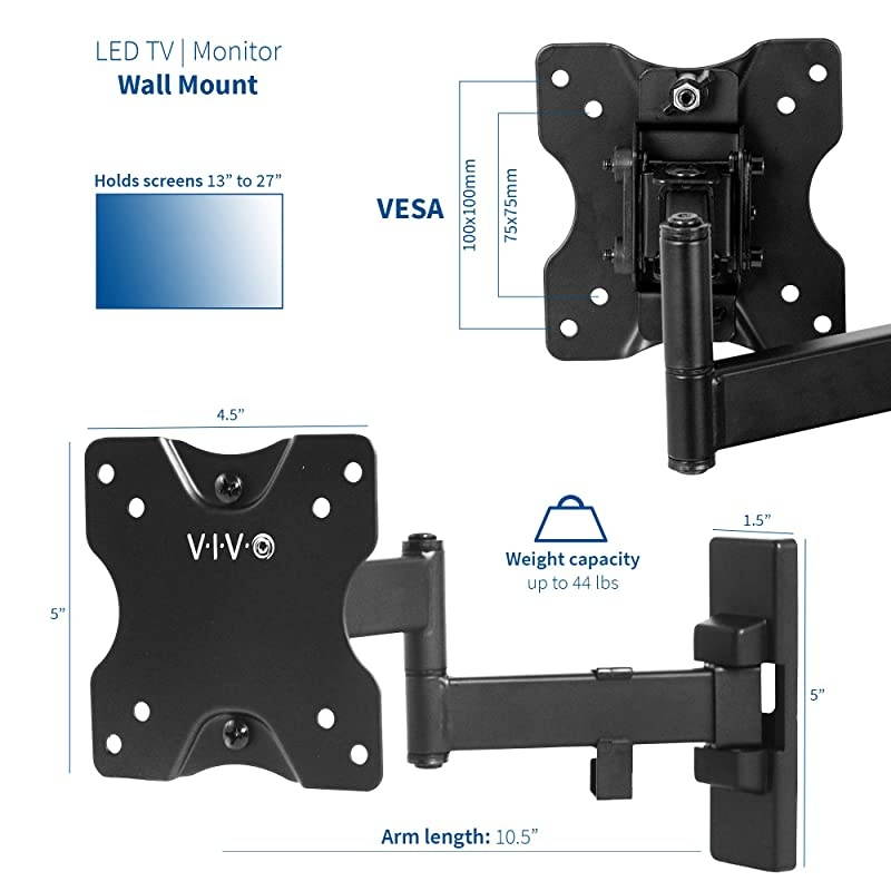 Full Motion Wall Mount for up to 27 inch LCD LED TV and Computer Monitor Screens Tilt and Swivel Bracket with Max 100x100mm VESA MOUNTVW01M