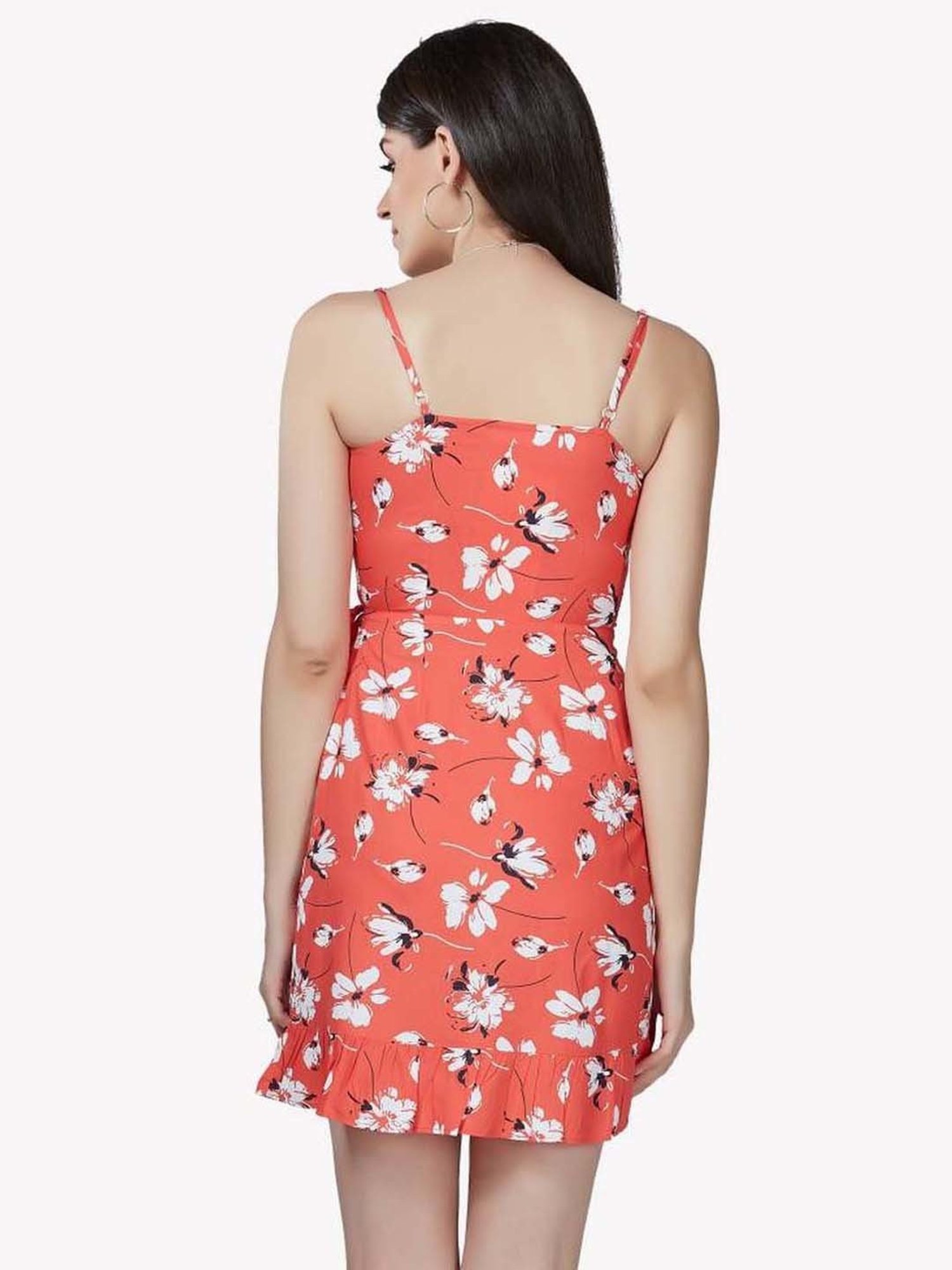 VASTRADO Orange Floral Print A-Line Wrap Dress