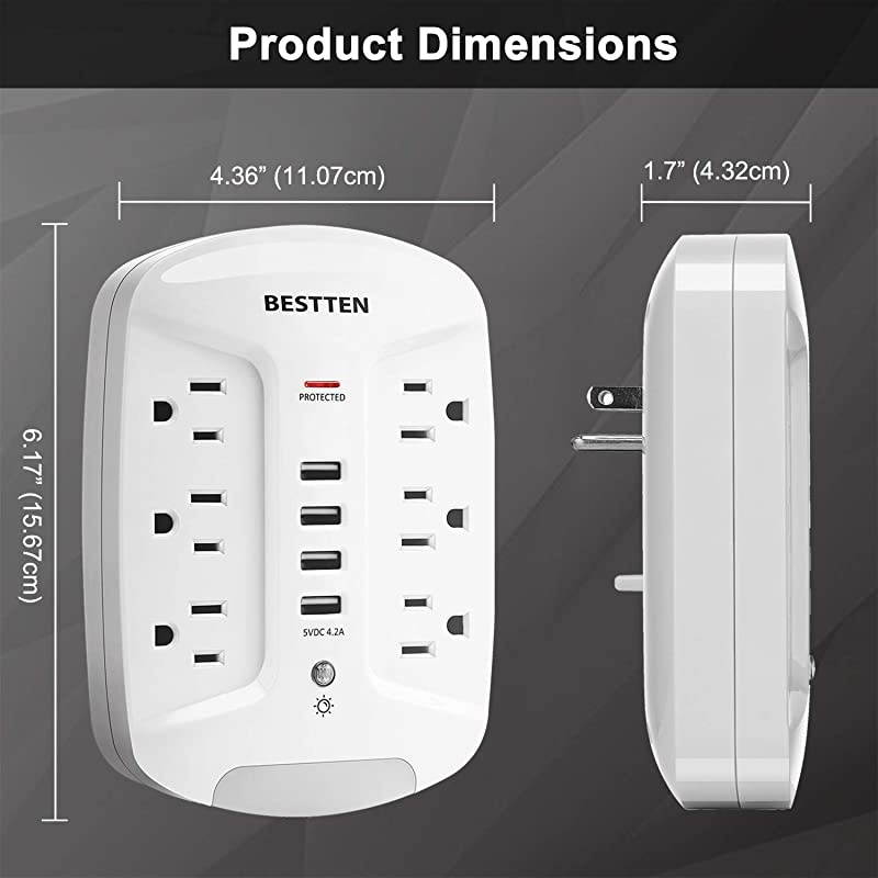 Wall Outlet USB Charger with LED Night Light and Surge Protector (1080 Joules), 4 USB Ports (5V/4.2A), 6 AC Outlets (15A/125V/1875W), Photocell Night Light, ETL Listed, White
