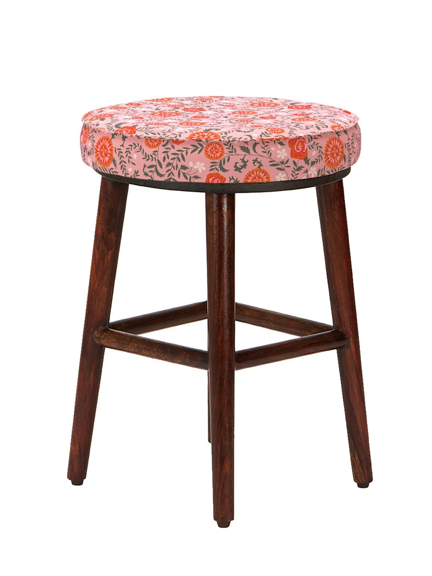 Chumbak English Earthy Floral Peach Orange Wood Cafe Stool