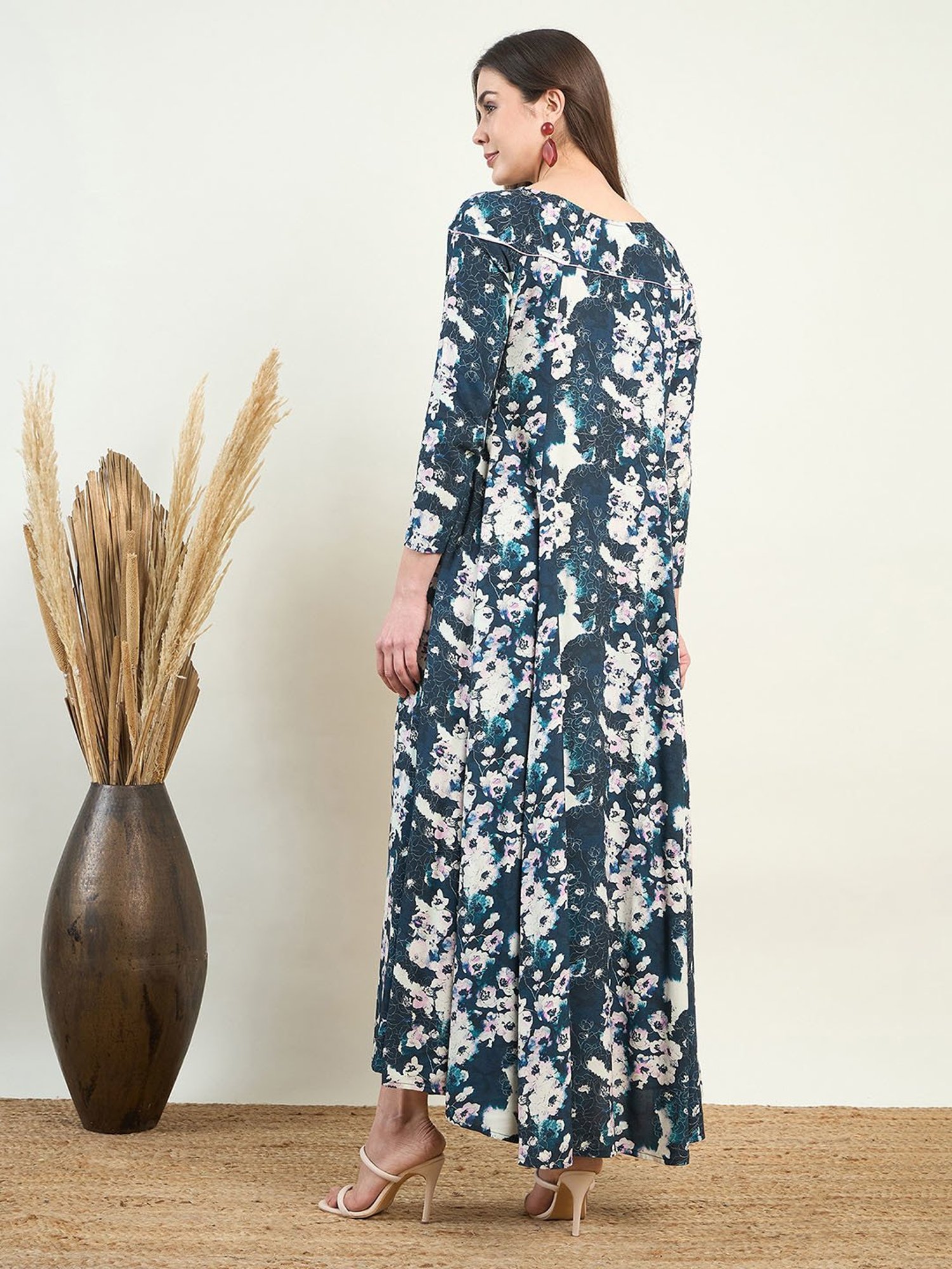 The Kaftan Company Blue Floral Print Maxi Dress