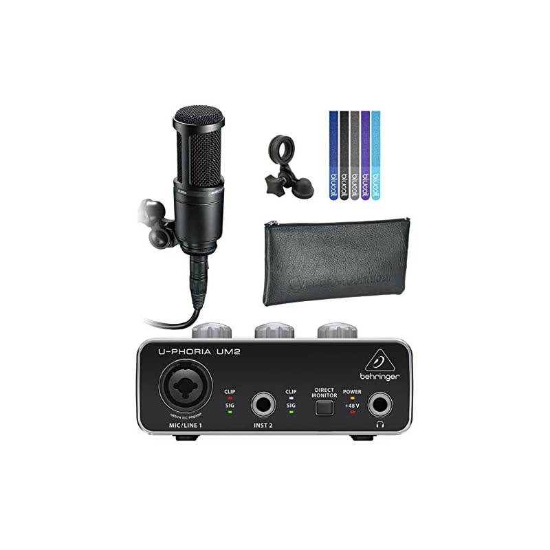 Audio-Technica AT2020 Cardioid Condenser Microphone for Home Studio Recording Bundle with U-PHORIA UM2 USB Audio Interface with 48V Phantom Power, and  5-Pack of Reusable Cable Ties