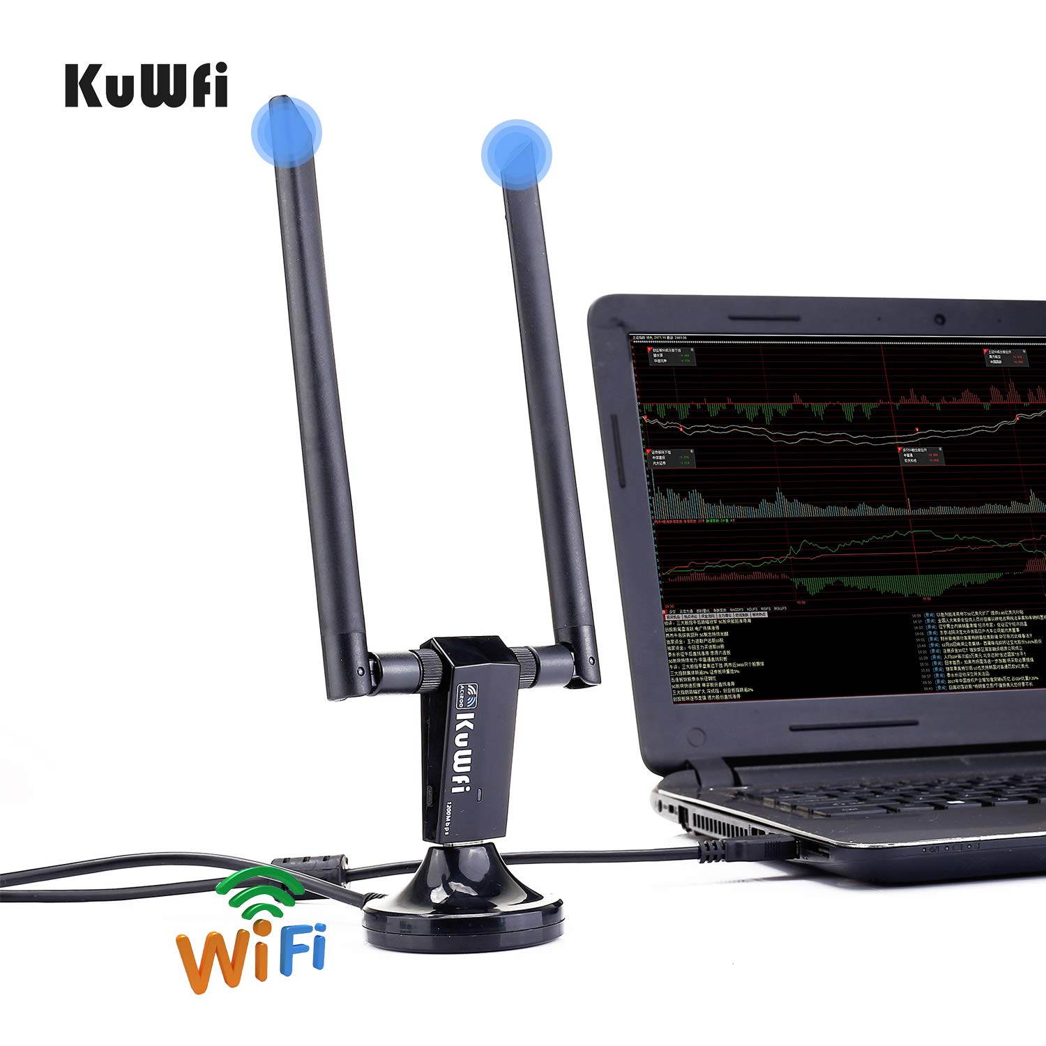 KuWFi USB WiFi Adapter AC 1200Mbps Wireless Network Dual Band 5GHz and 2.4GHZ High Gain for PC Desktop TVbox with 2x5dBi Antenna