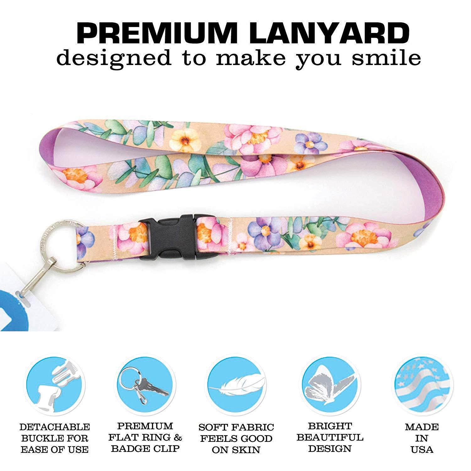 Buttonsmith Watercolor Flowers Premium Lanyard with Buckle and Flat Ring - Made in The USA