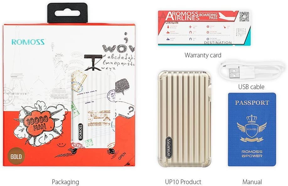 10000mAh 2-in-1 Power Bank and Wall Charger, ROMOSS Dual USB Portable Charger with Foldable AC Wall Plug External Battery Packs Compatible Smartphone and Android Device (Gold)