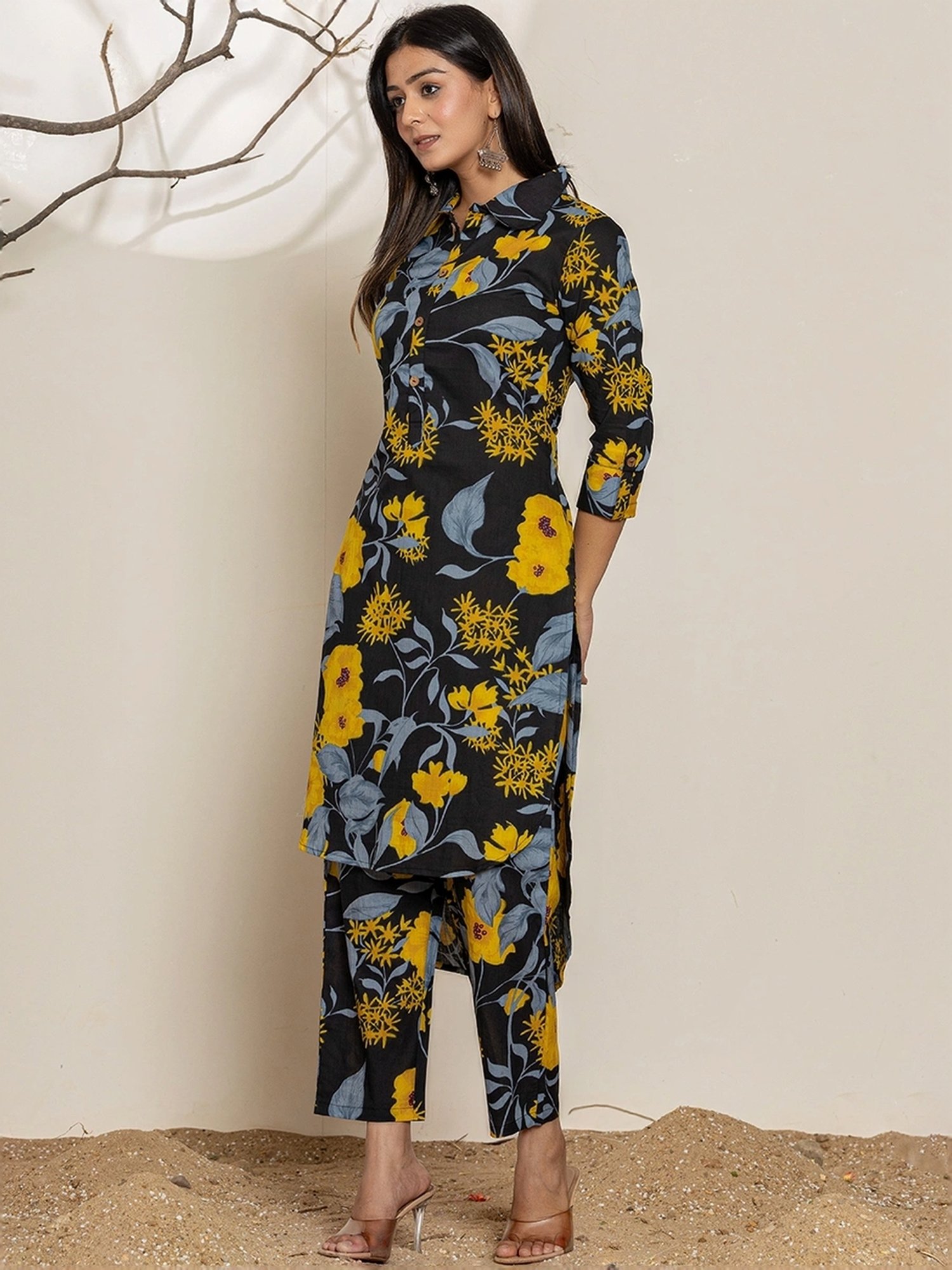 Yufta Black Cotton Printed Tunic Pants Sets