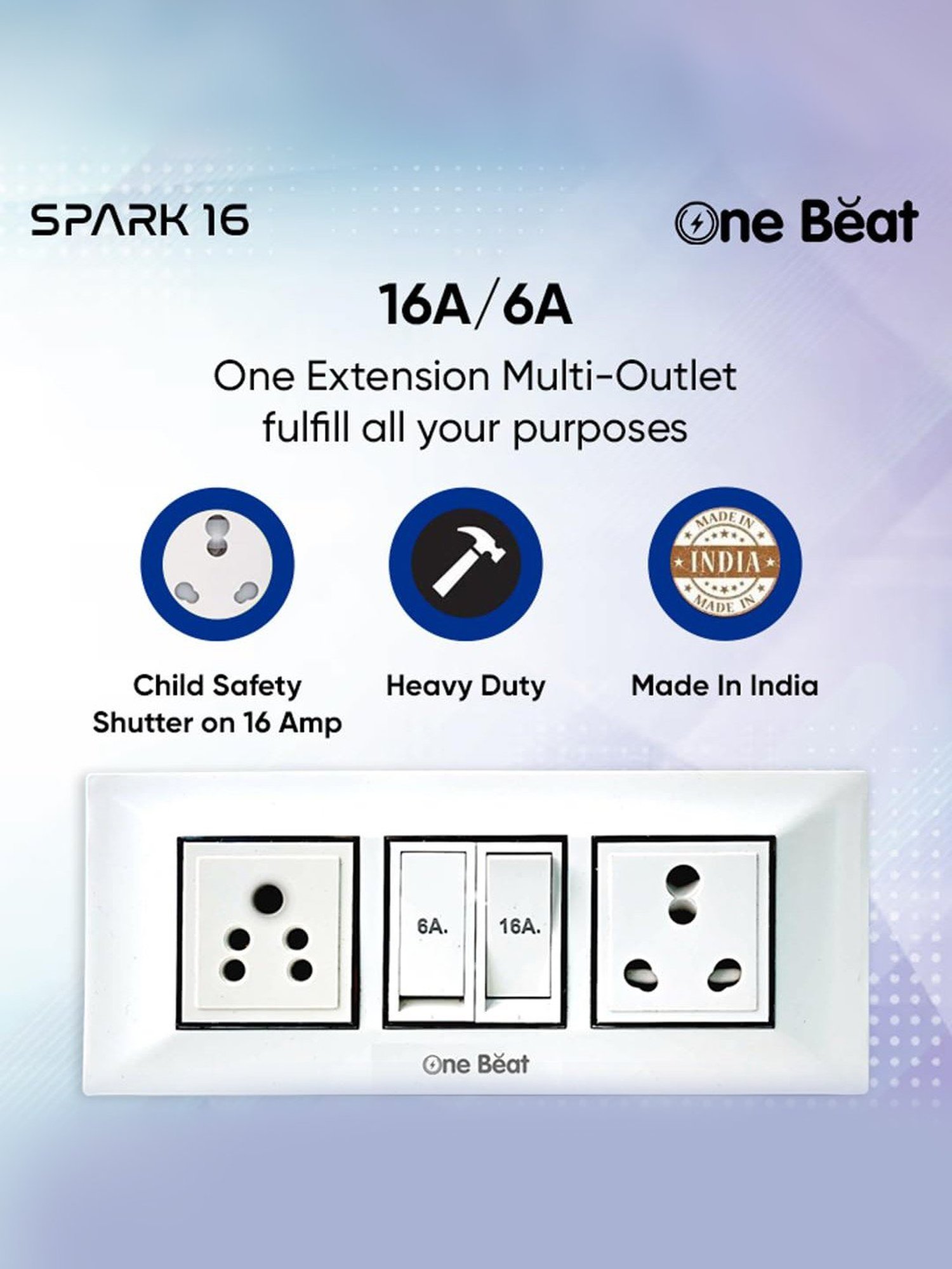 One Beat Extension Board with 2 Socket, One 6A & One 16A Socket with 2 Meter Power Cord (White)