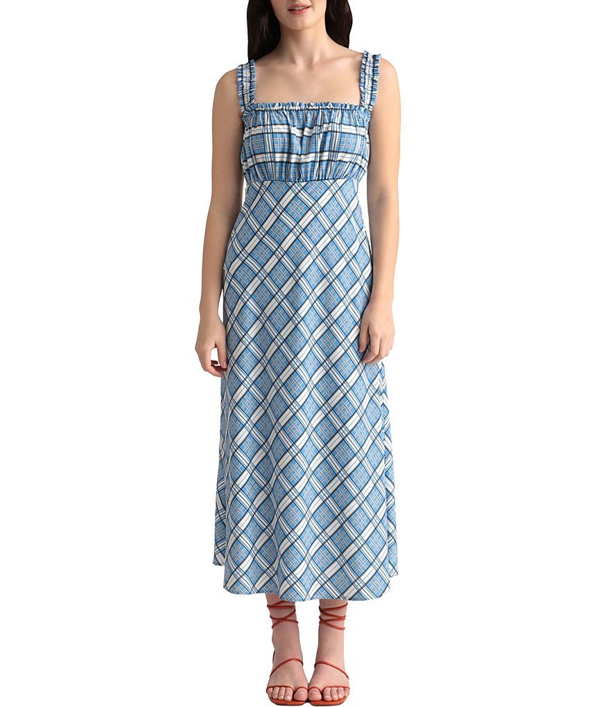 Maggy London Vintage Plaid Ruched Bodice Midi Dress