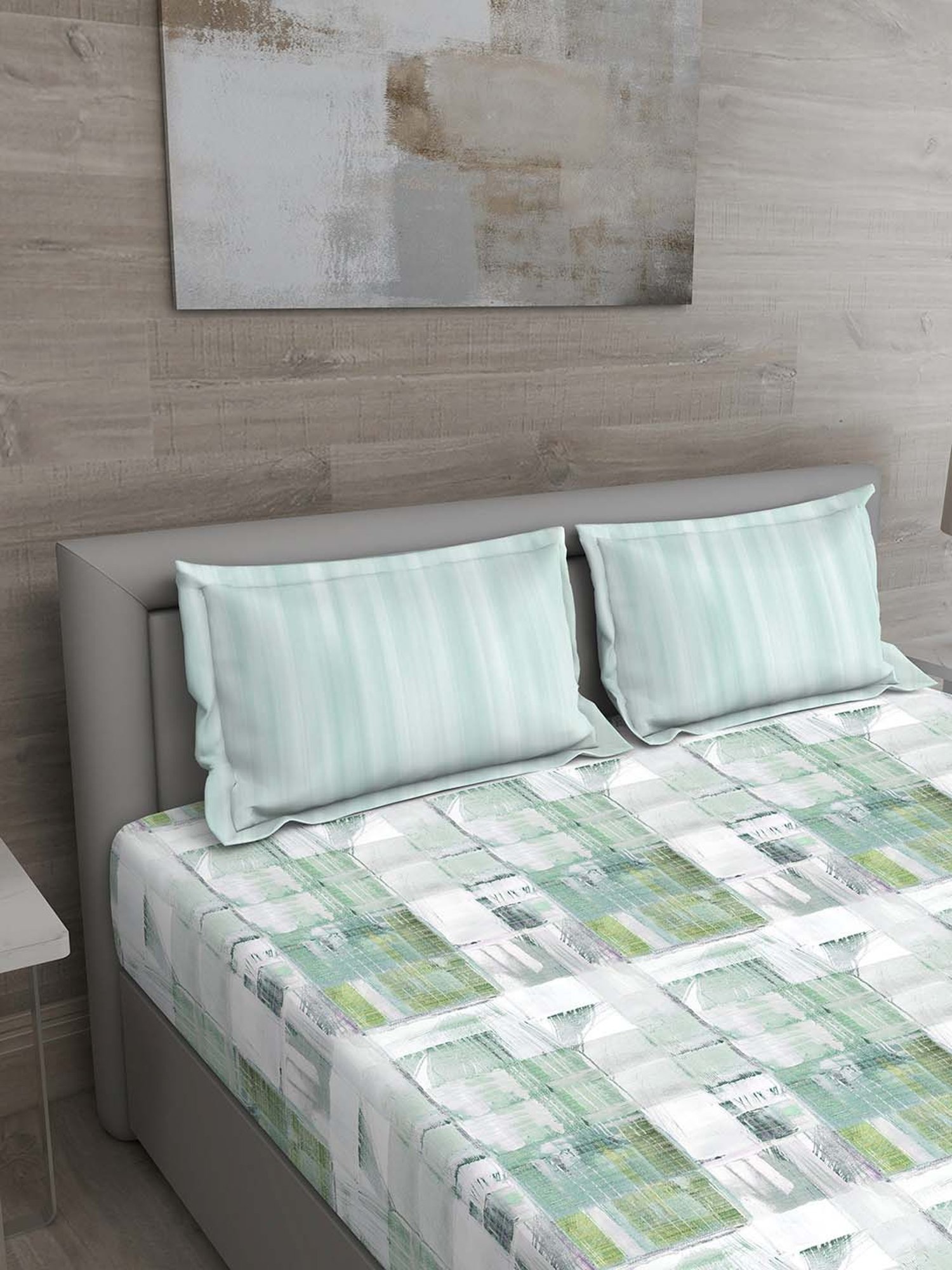 GM Green & White 100% Cotton 144 TC King Bedsheet Set