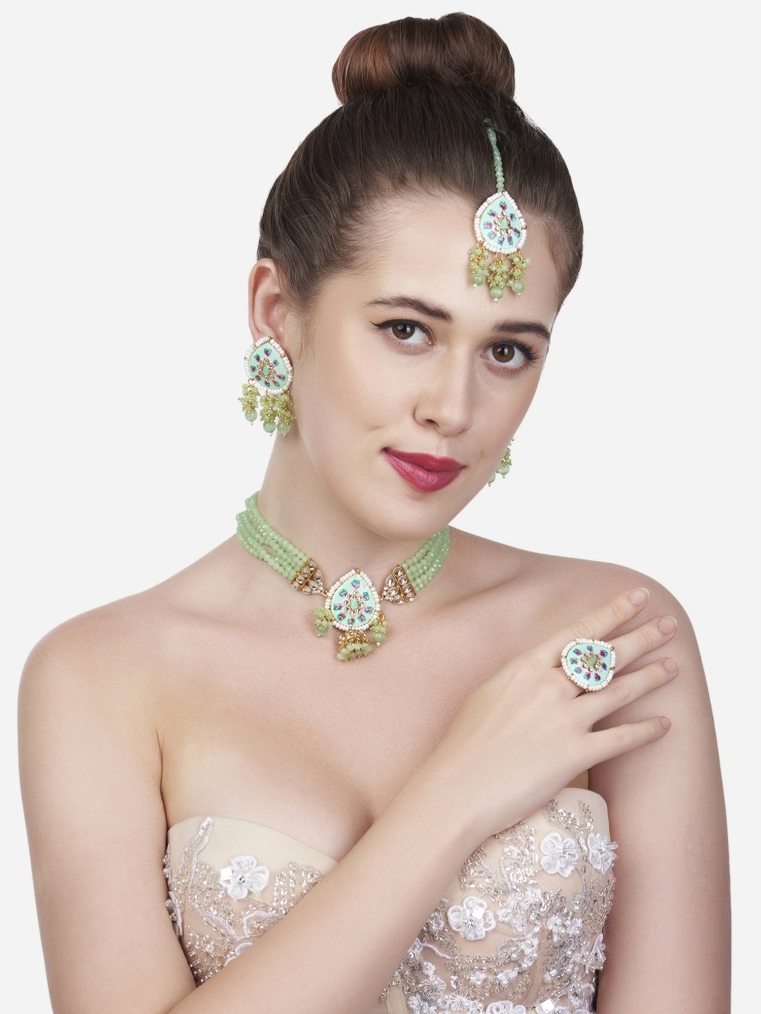 Zaveri Pearls Green Pink Meenakari Multistrand Necklace, Earring, Maangtikka & Ring Set