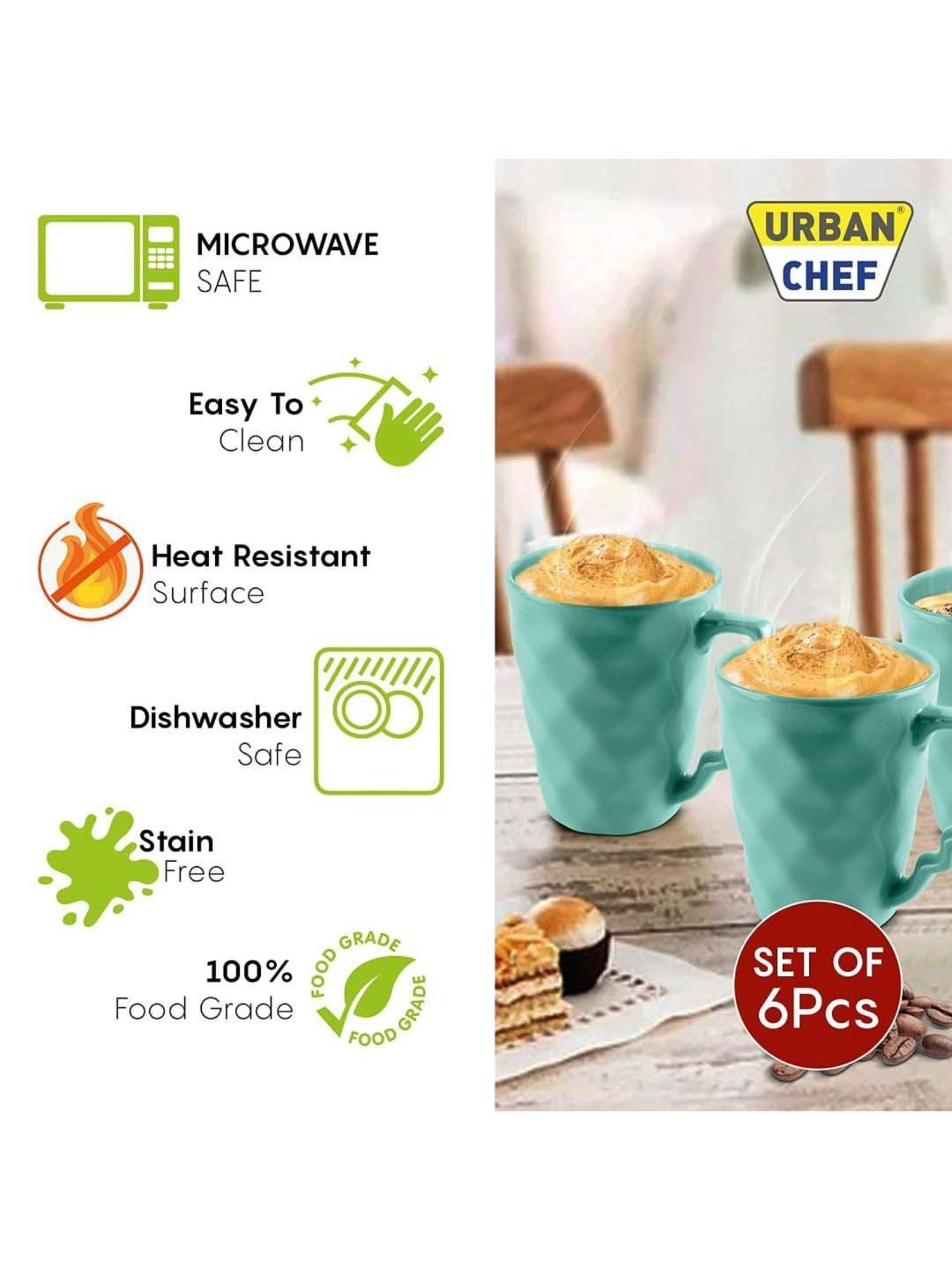 Urban Chef Blue Ceramic Microwave Safe Coffee Mug (0.225 L) - Set of 6