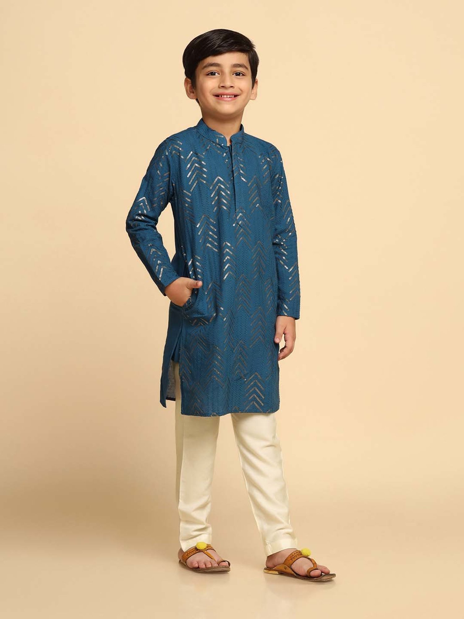 KISAH Kids Blue & White Cotton Embroidered Full Sleeves Kurta Set