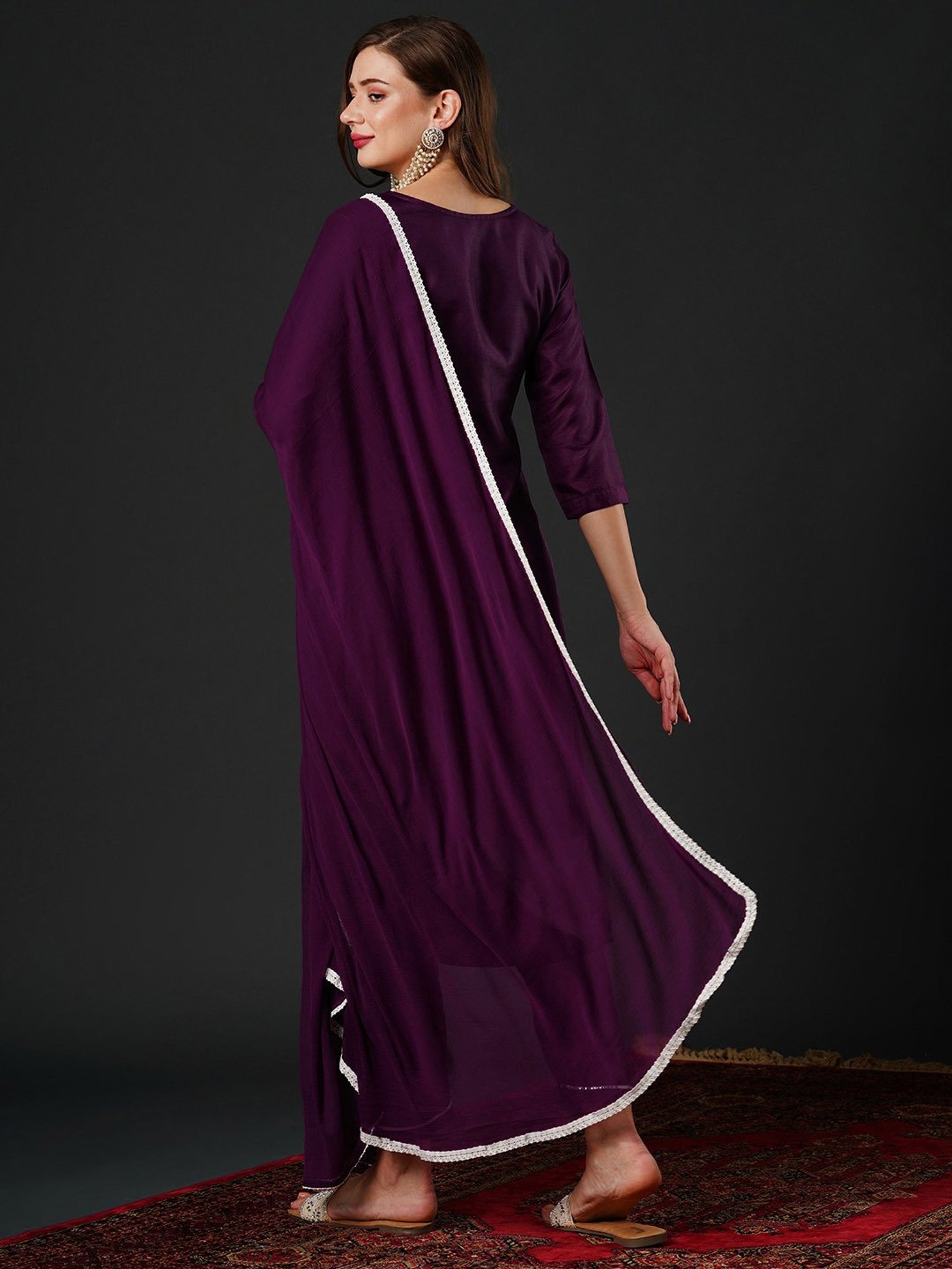 Indo Era Purple Embroidered Kurta With Pant & Dupatta