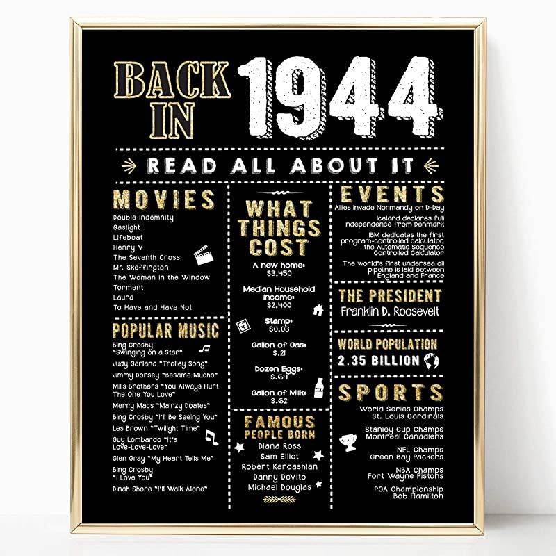 Katie Doodle 76th Birthday Party Decorations Supplies Anniversary Card Gifts for Men Women Turning 76 Years Old Includes 8x10 Back in 1944 Print Unframed Black and Gold