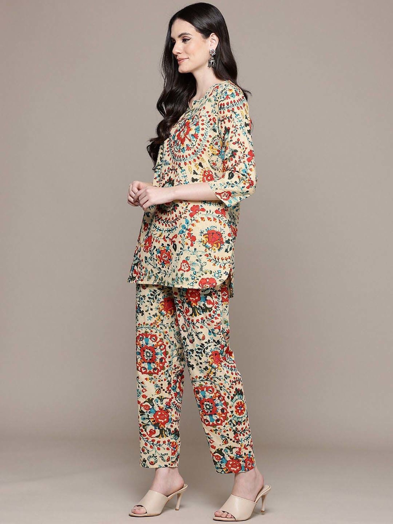 READIPRINT FASHIONS Beige Cotton Printed Short Kurti Pant Set