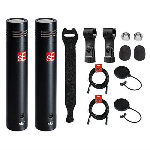 se electronics se7 smalldiaphragm condenser microphone matched stereo pair with touch fastener straps 10pack, 2 20' xlr cable & 2 pop filter bundle