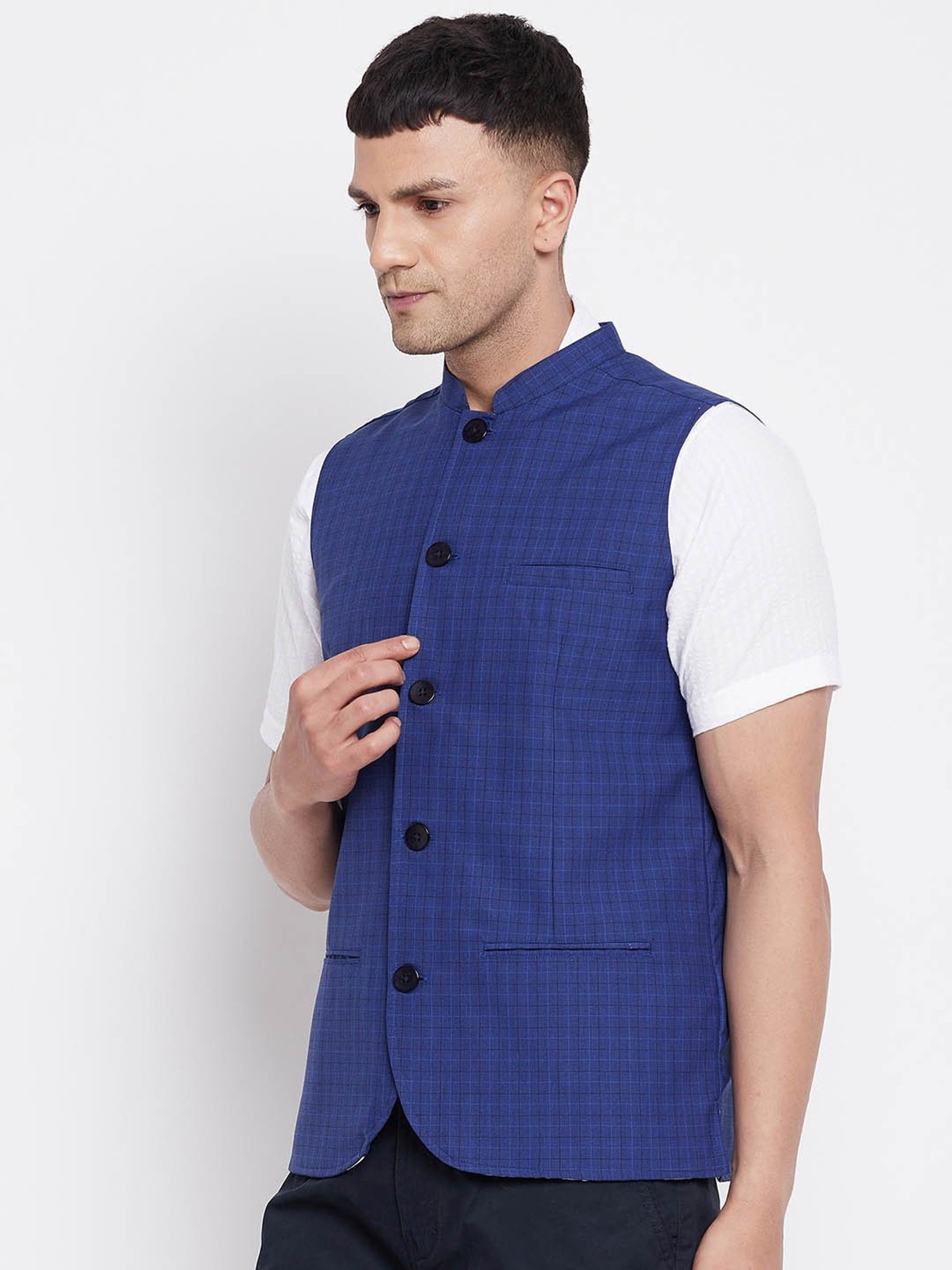 Even Blue Mandarin Collar Check Nehru Jacket