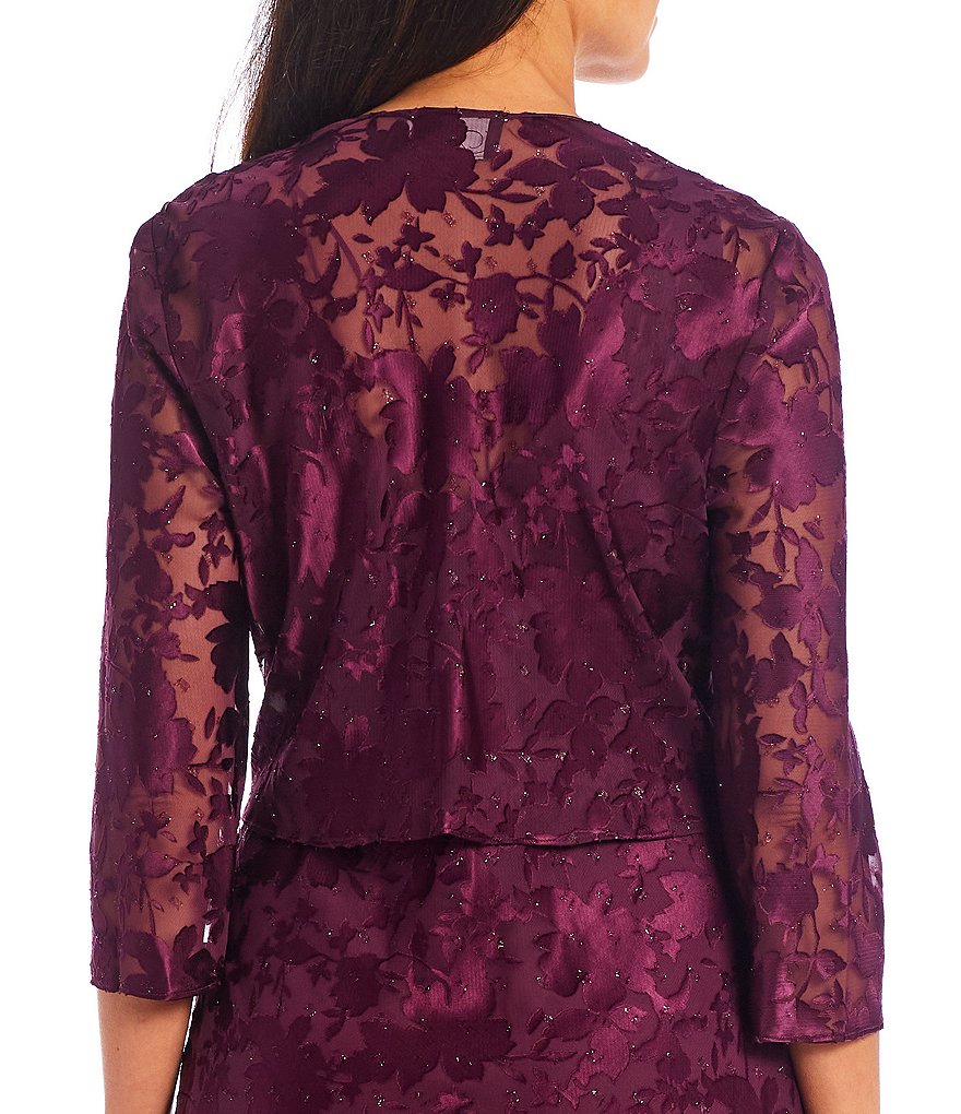 Alex Evenings Burnout Chiffon V-Neck 3/4 Sleeve 2-Piece Jacket Dress