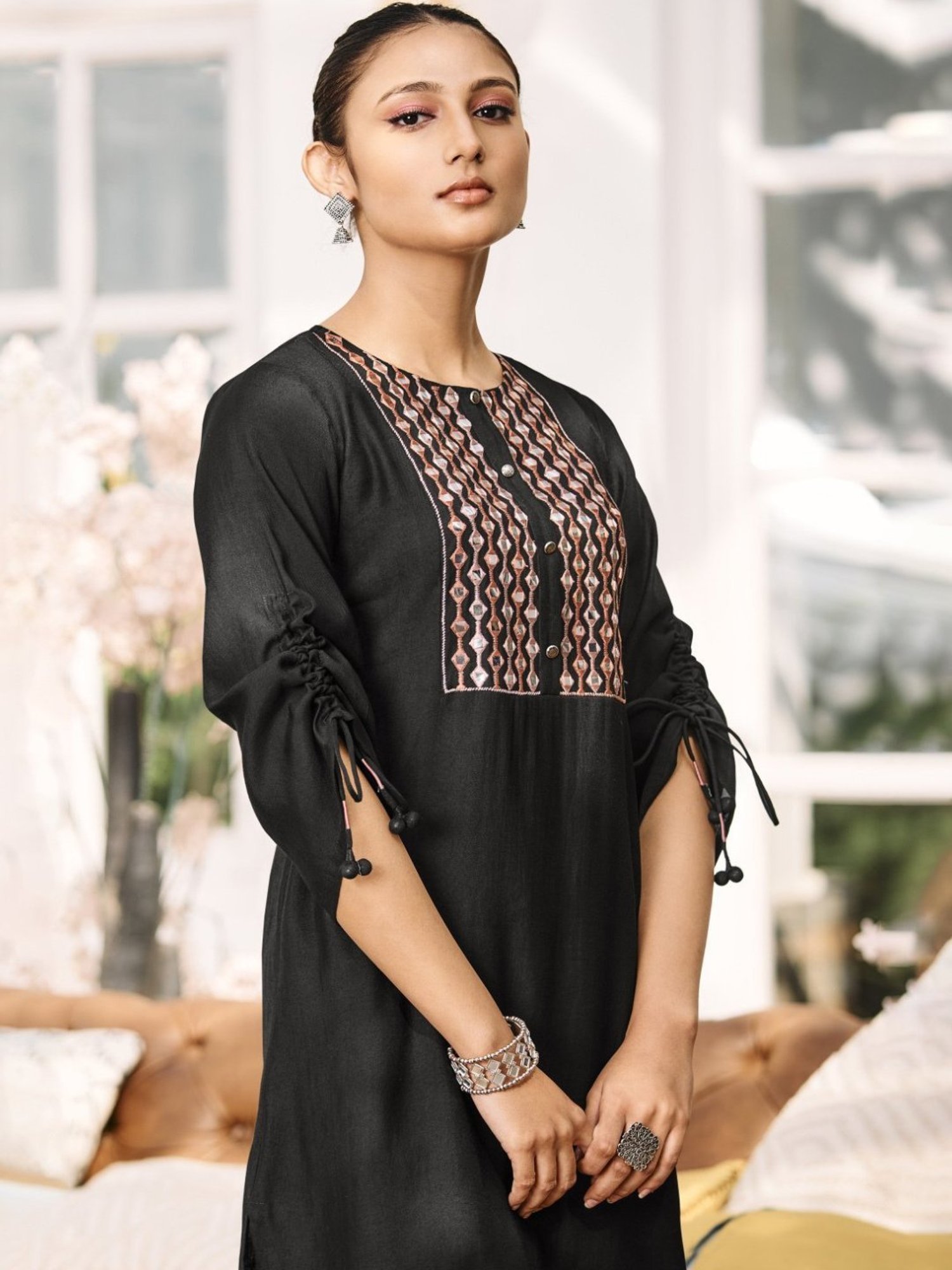 Autumnlane Lama Black Embroidery Tunic with Pant Co-ord Set
